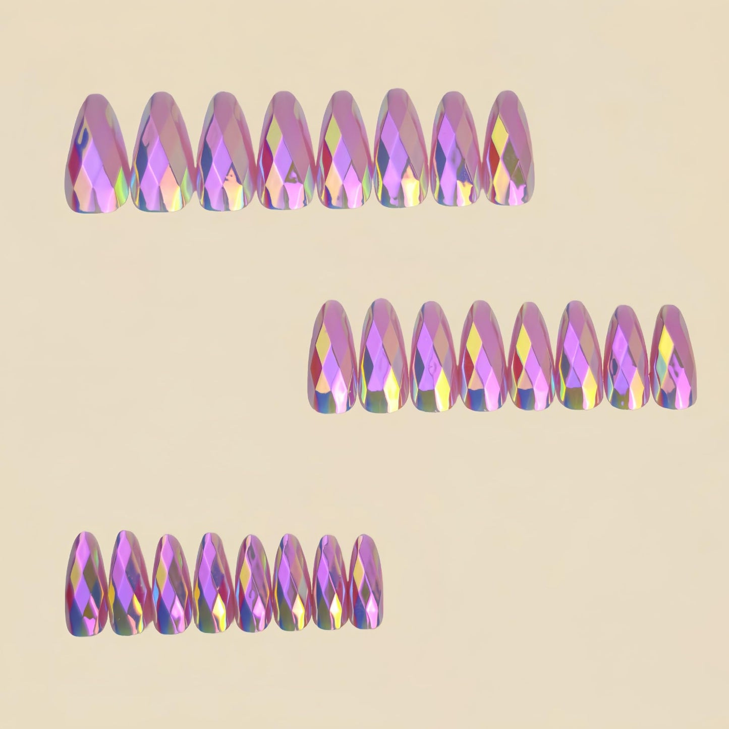 RUOKEXIN Almond Press on Nails Medium Length Fake Nails Chrome False Nails with 3D Rhombus Designs Full Cover Nail Press ons Sparkly Artificial Nails for Women 24Pcs(Light Purple)