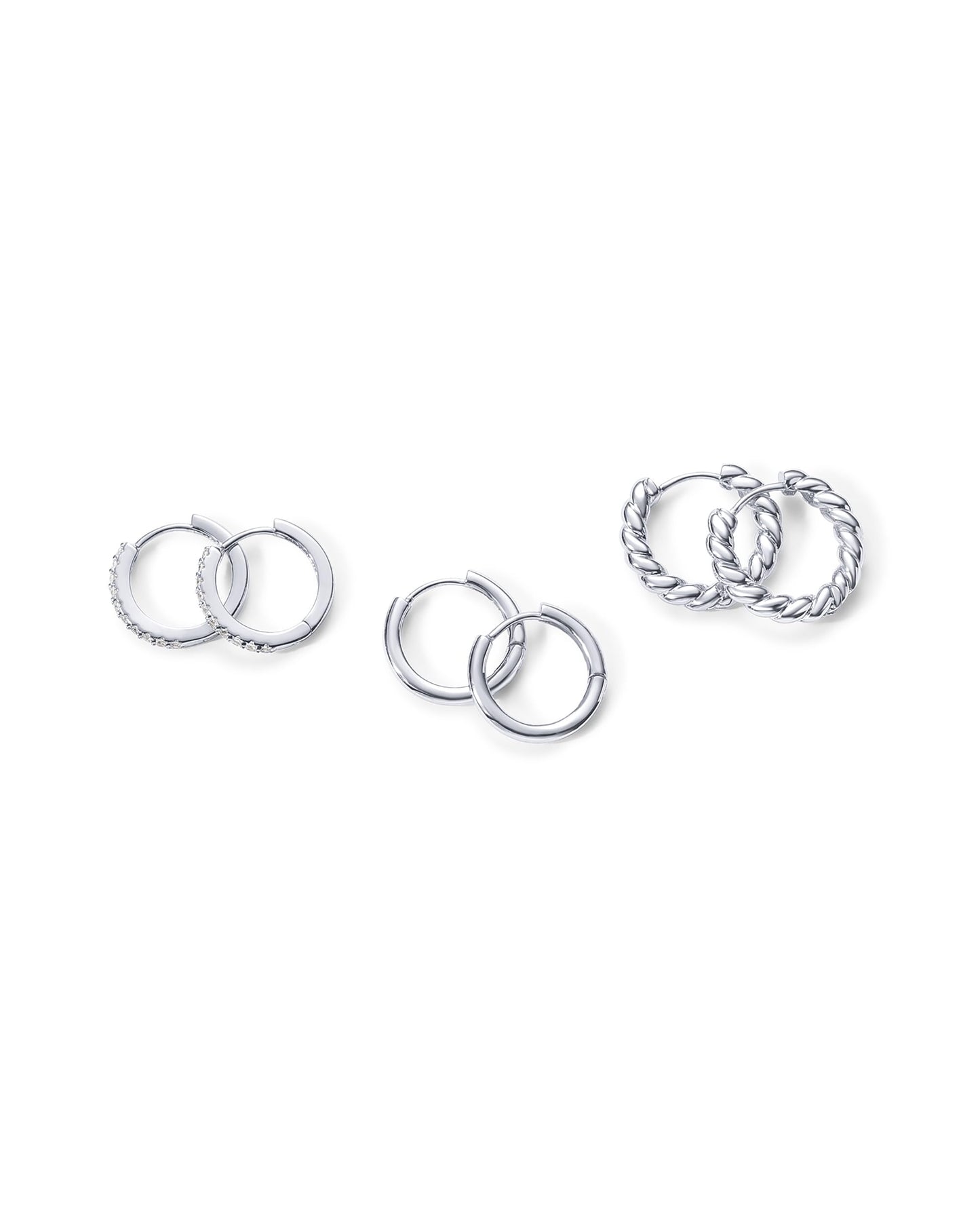 PAVOI Rhodium Plated 925 Sterling Silver Posts 3 Pairs Small Hoop Earrings for Women - Cubic Zirconia Plain Rope Huggie Pack - Lightweight Set