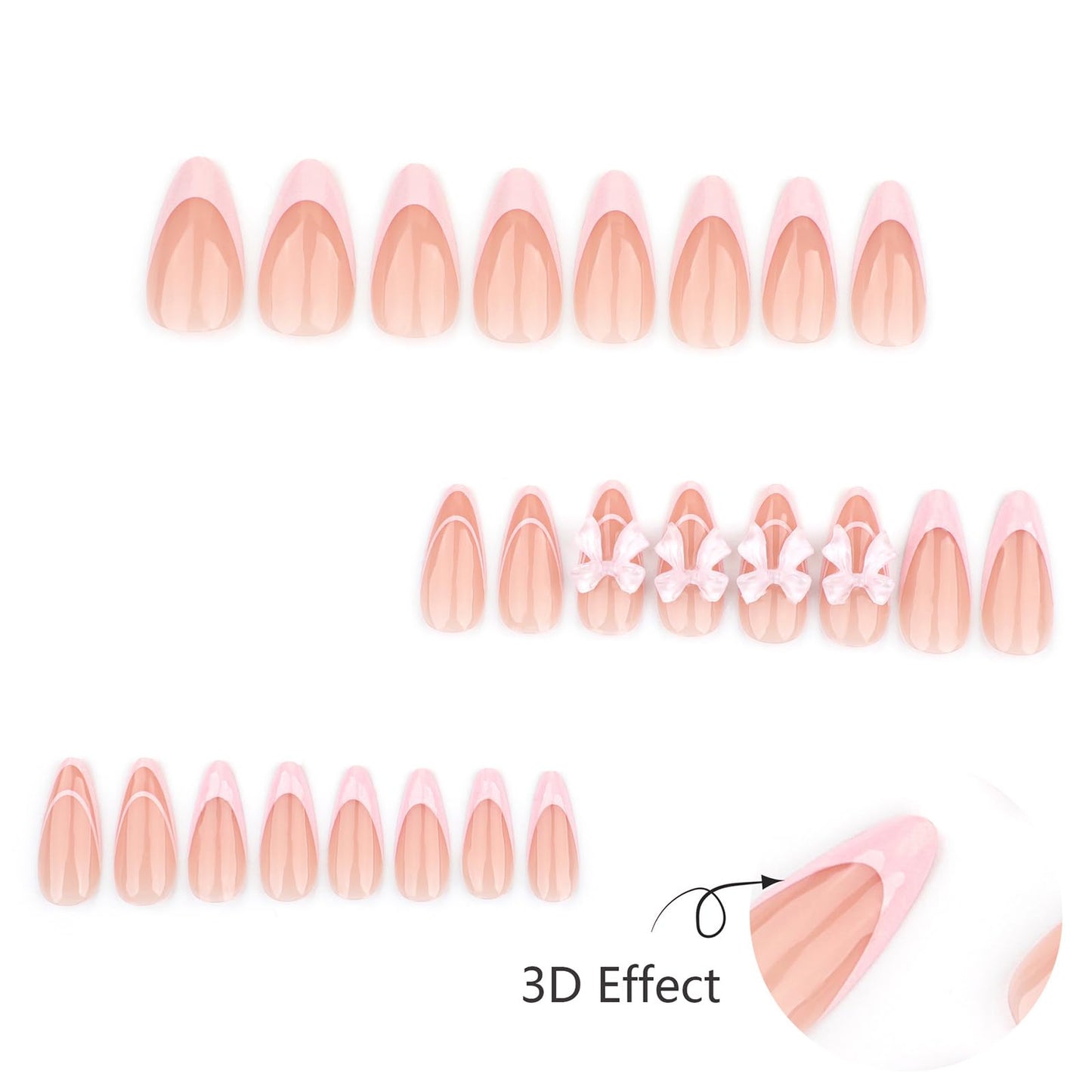24Pcs Pink Almond Press on Nails Short Medium Fake Nails French Tip False Nails with Bow Design Cute Acrylic Nails Press ons Artificial Nails Glossy Full Cover Glue on Nails Stick on Nails for Women