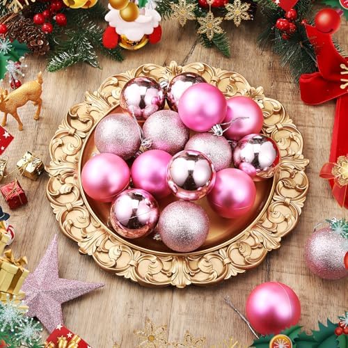 RoundFunny 25 Pcs Mini Christmas Balls Ornaments Set 2.36 Inch Christmas Day Ball Topper Star Tree Hanging Ornaments for Party Decoration(Pink)
