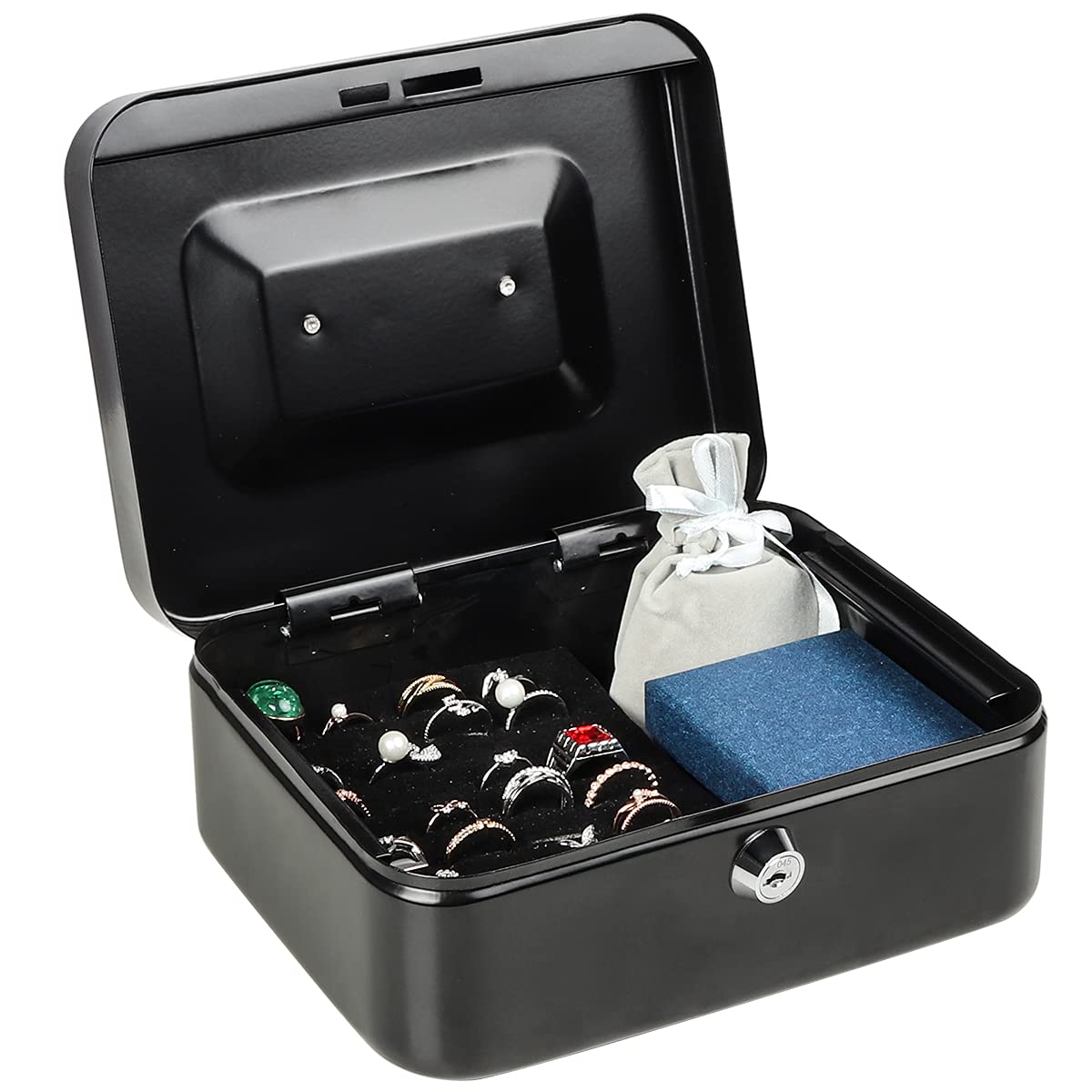 Medium Metal Cash Box with Key Lock Safe and Money Tray for Security,Money Saving Organizer, Parrency Large Money Box with Key Lock，7 4/5" x 6 4/5" x 3 3/5"，Black
