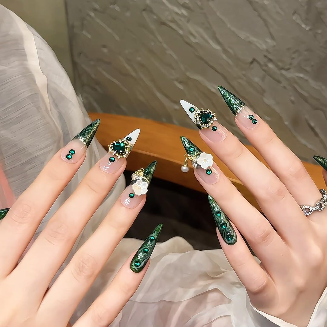 JIEADJIE Press On Nails (100% Handmade),Length Version,Handmade Painted Nail Art by Nail Technician,Luxury Party and Holiday Styles (White green French, Small)