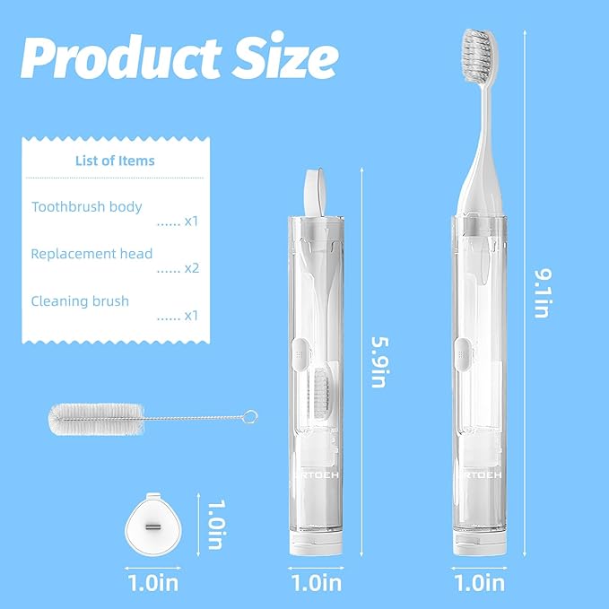 Travel Toothbrush with Built-in Toothpaste Container, Foldable Toothbrush with 2 Soft Brush Head, Portable Reusable Toothbrushes for Business Trips, Camping, Travel Size（White）