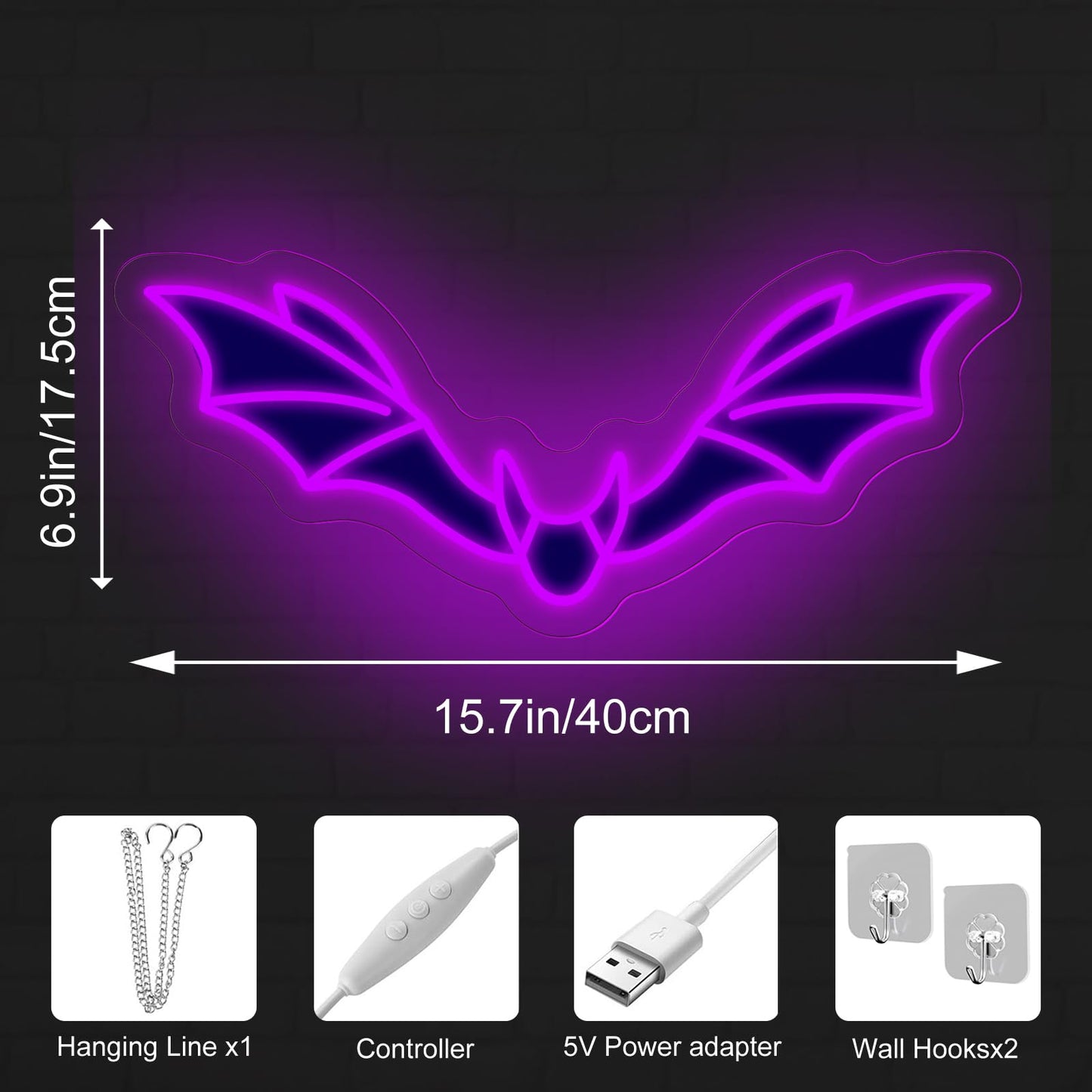 Bat Neon Sign, Halloween Bats Decor, Horror Bedroom Dorm Wall Decoration, Bat Lovers Gift, Gothic Home Wall Room Decor, Red, 15.7"x6.9"