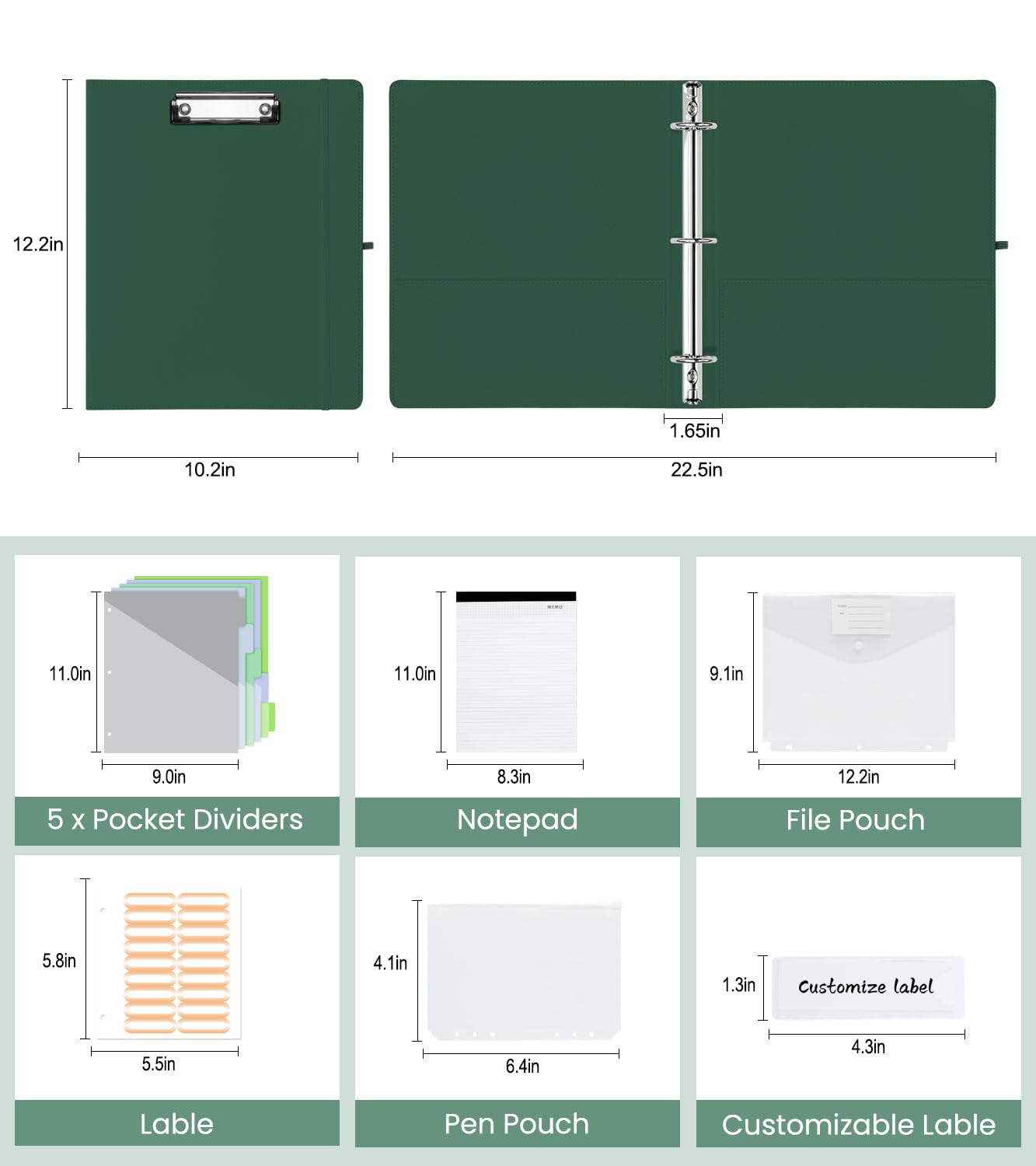 BVSSX 3 Ring Binder with Clipboard,1 Inch Binders with Notepad&5 Dividers with Pockets, Labels,PU Clipboards for School Office(Green,Letter Size)