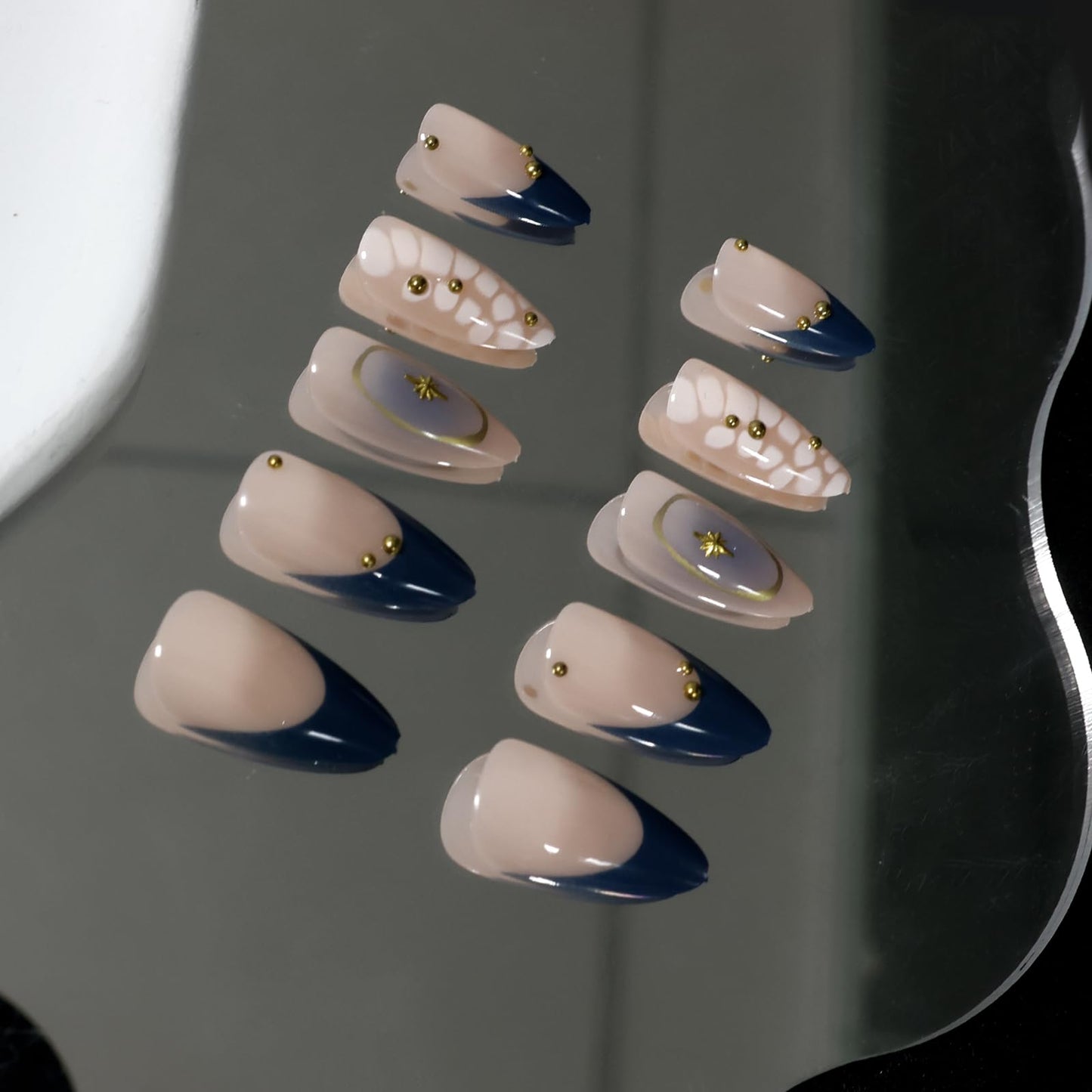 VOTACOS 24PCS Dark Blue French Tip Press on Nails Almond Medium Nude Acrylic Fake Nails Press Ons with Designs Golden Bead Star Glue on Nail for Women Blush Reusable Artificial Stick on False Nail