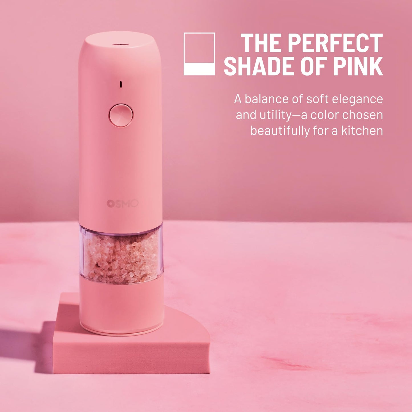 Osmo Rechargeable Electric Pepper Grinder - Adjustable Coarseness, LED Light, Ceramic Core, Battery Operated Mill, One Button Operation for Gourmet Cooking - Pink
