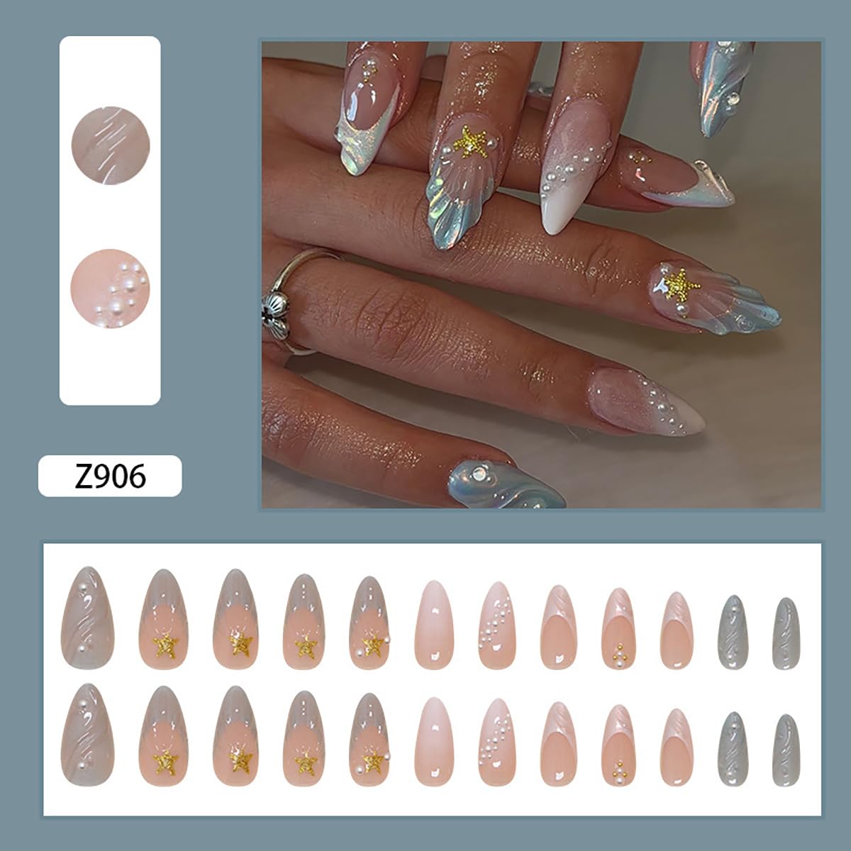 24Pcs Medium Almond Press on Nails Blue French Tip Fake Nails 3D Gold Starfish Shell Press ons with Pearl Glossy Glue on Nails Summer Beach False Nails Cute Stick on Nails for Women Girl Acrylic Nails