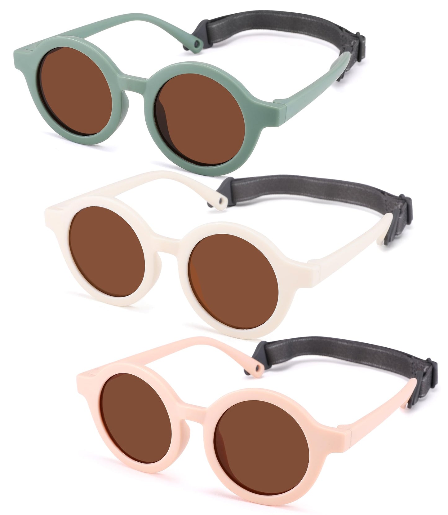 NULOOQ Bendable Polarized Baby Sunglasses with Strap Round Flexible for Infant Newborn & Toddler Age 0-24 Months (Pink/Brown + Beige/Brown + Green/Brown) - 3 Pack