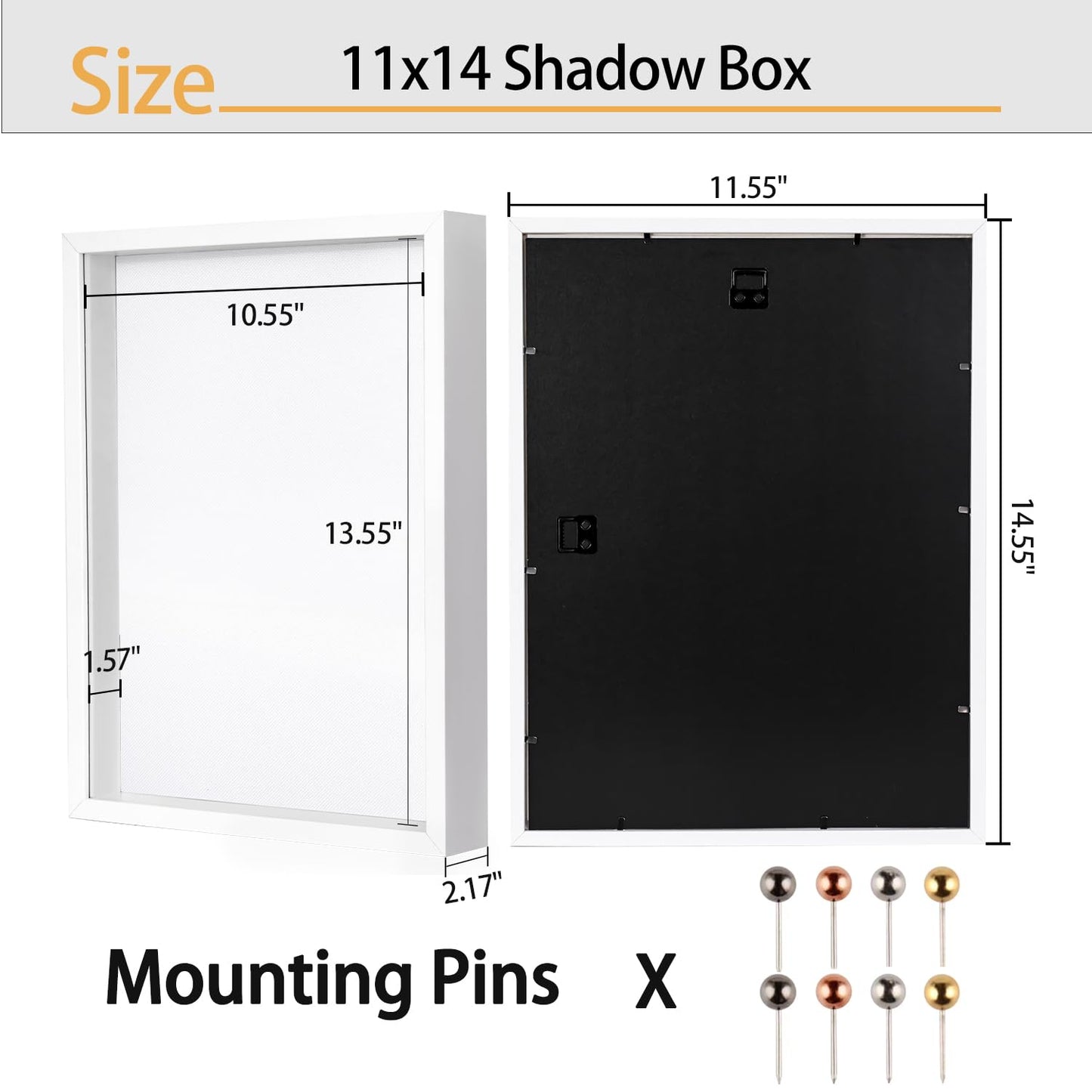 11x14 Shadow Box Frame | Soft Linen Back & Push Pins Included, Polystyrene Glass Memory Display Case for Flowers, Tickets & Cherished 3D Items, White