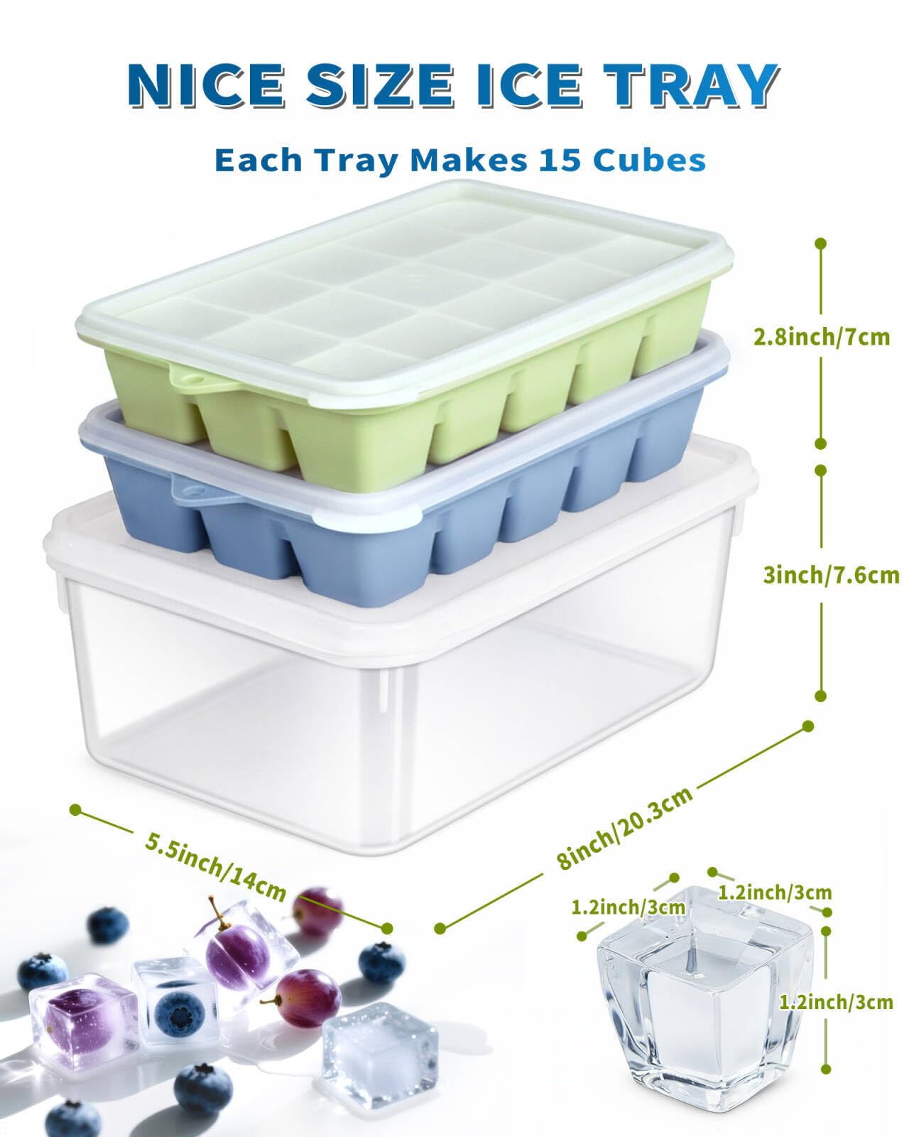 ARTLEO Silicone Ice Cube Tray with Lid and Bin, Easy Release Silicone Ice Cube Trays and Ice container for Freezer with No-Spill Lid, Nice Ice Trays for Coffee,Cocktail, Whiskey.2 Pack