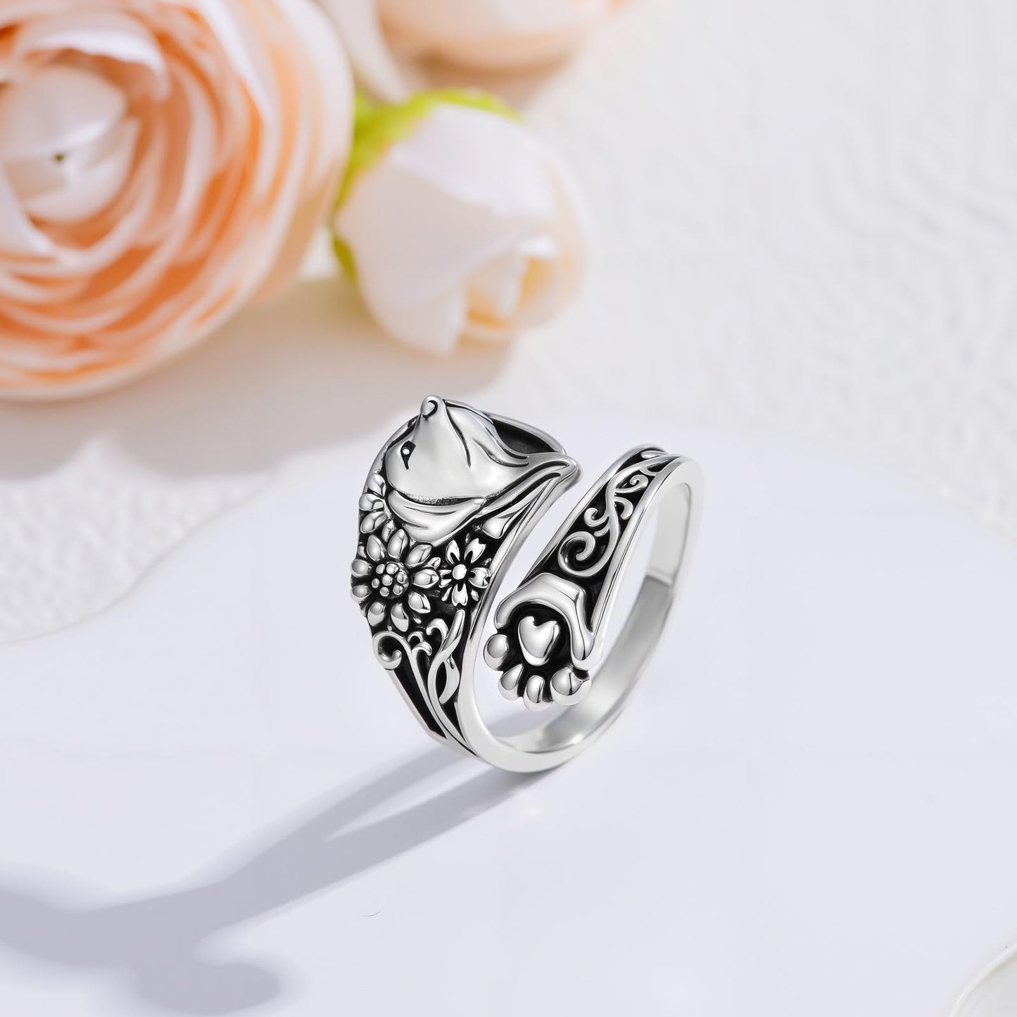 Midari Dog Spoon Rings for Women Sterling Silver Adjustable Vintage Paw Print Ring Finger Thumb Rings Puppy Jewelry Dog Lovers Birthday Halloween Christmas