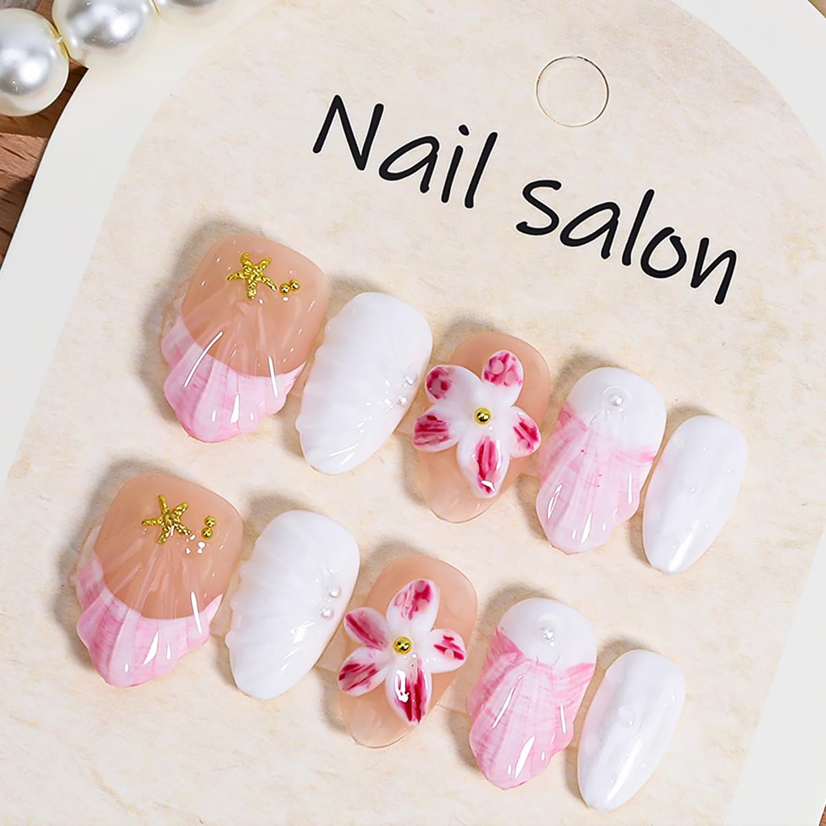 WBRRFJJ Handmade Medium Almond French Tip Fake Nails, 3D Flower Design, 10 Pcs, Glue on Nails, Pink, Acrylic, Full Cover, Artificial