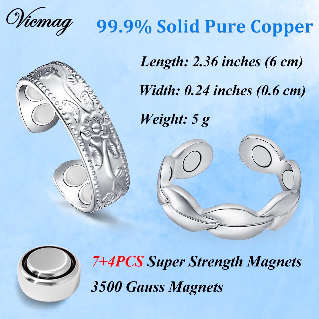 Vicmag Copper Magnetic Ring for Women, Magnetic Rings Ladies Fingers Thumb 100% Solid Pure Copper Jewelry Gift Adjustable (Leave+Folwer Silver)