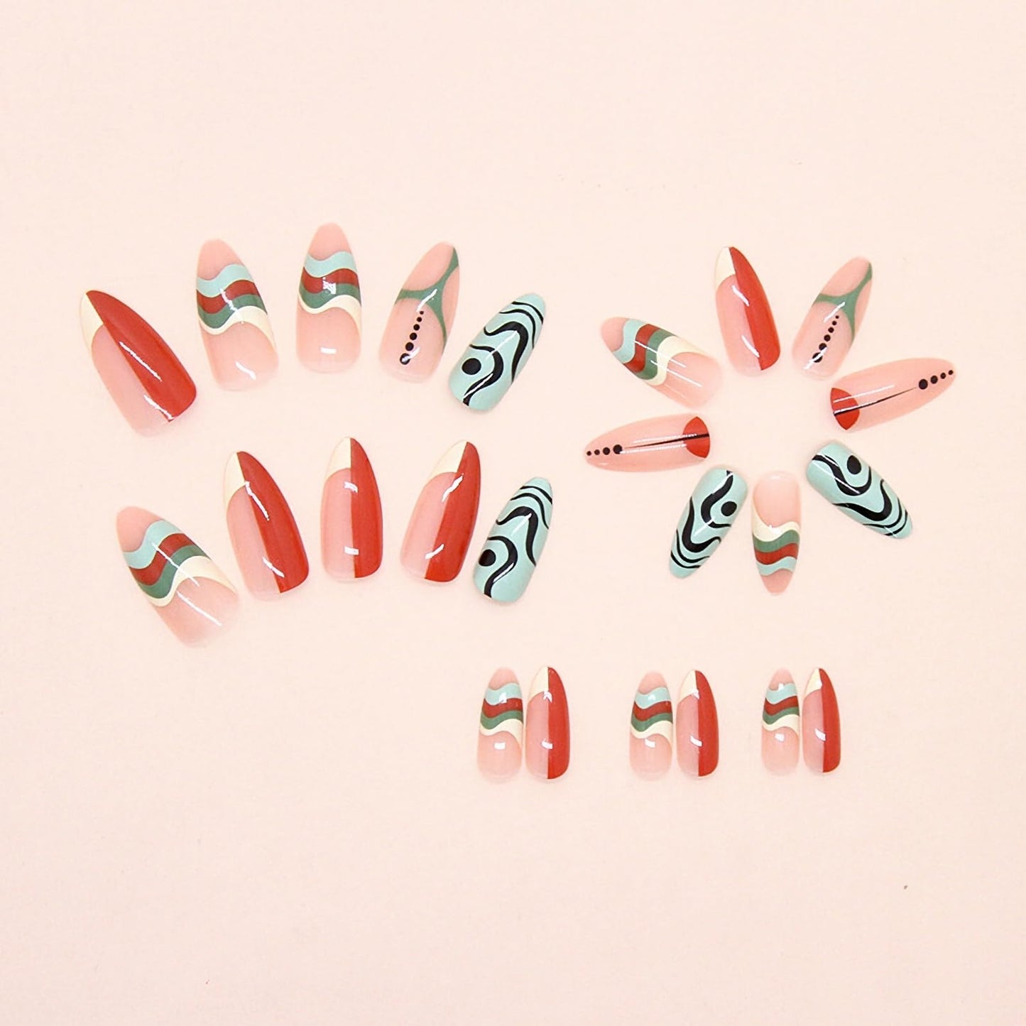 MERVF Almond Press on Nails Medium Fake Nails Colorful Summer Irregular Abstract Pattern Design Acrylic Swirls Glossy 24pcs