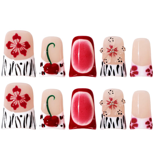 Buleens Handmade Press on Nails Acrylic Duck Nails-10pcs Short Playful Y2K Cherry Zebra 3D Fake Nails Kits with Glue