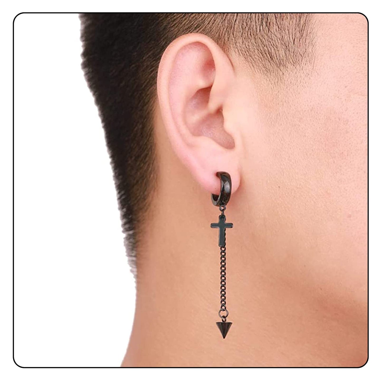 Fusamk Punk Rock Stainless Steel Cross Ear Clip Earrings Long Chain Drop Dangle Earrings(Black)