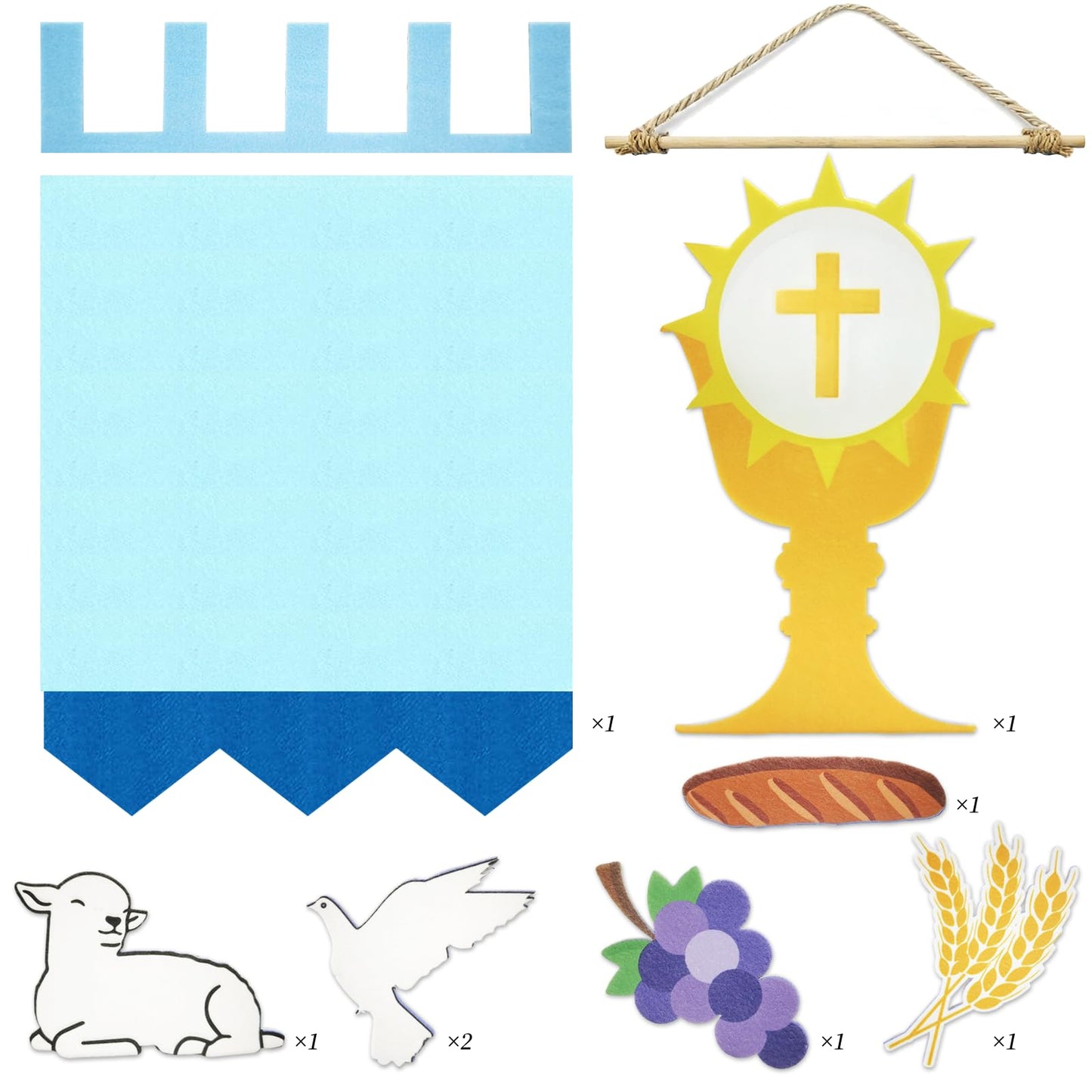Zaruatu First Communion Banner Kit 11 x 15.74 Inch First Holy Communion Banner Kits Felt DIY Decor Set Include White Dove Communions Cup Lamb Grape Skewers for Church Sunday School (Blue)
