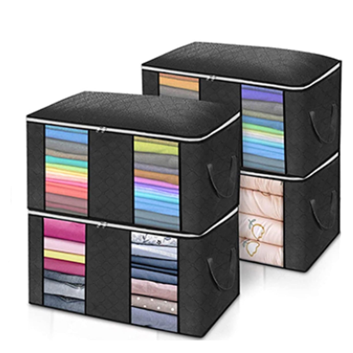 Large-capacity transparent double-window compartment clothing storage bag, foldable storage bag with zipper, suitable for organizing and storing clothes, quilts and pillows, 4-piece set (Black)
