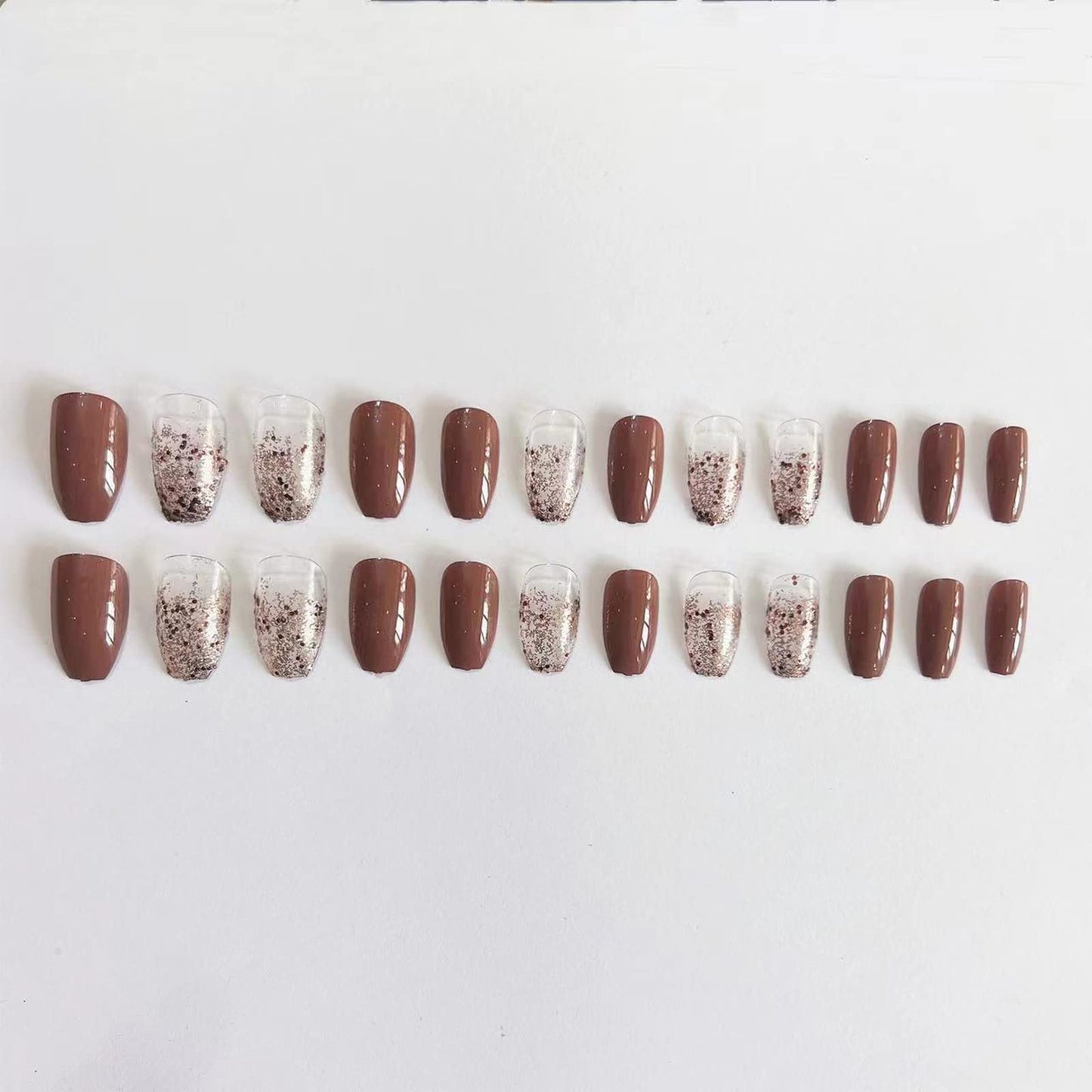 SINHOT Coffin Press on Nails Medium Ballerina Glossy Glue on Nails Brown Gradient Acrylic False Nails Designs 24 pcs