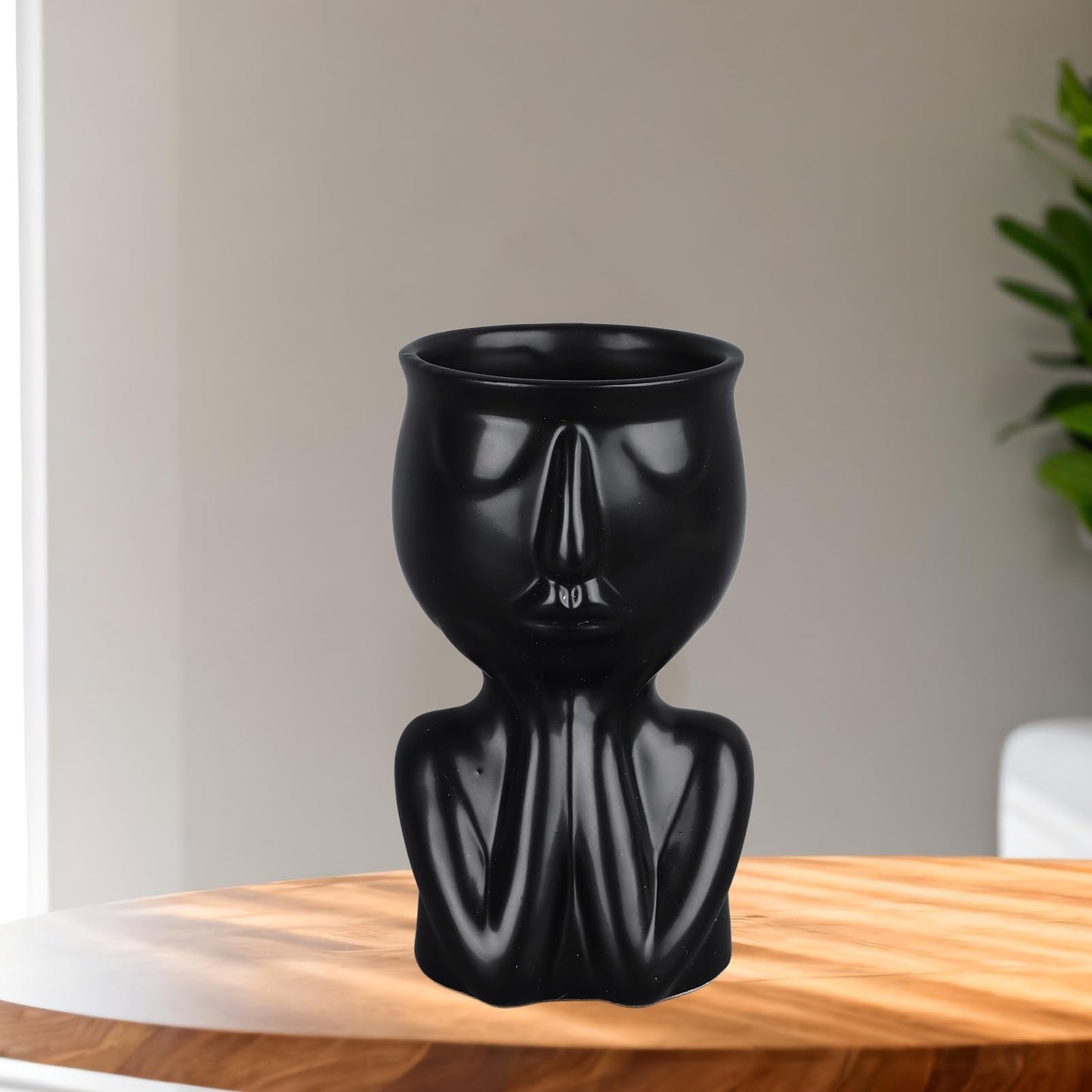 Semme Scandinavian Ceramic Face Planter Pot, Minimalist Planter Pot for Home Office Garden (Black)