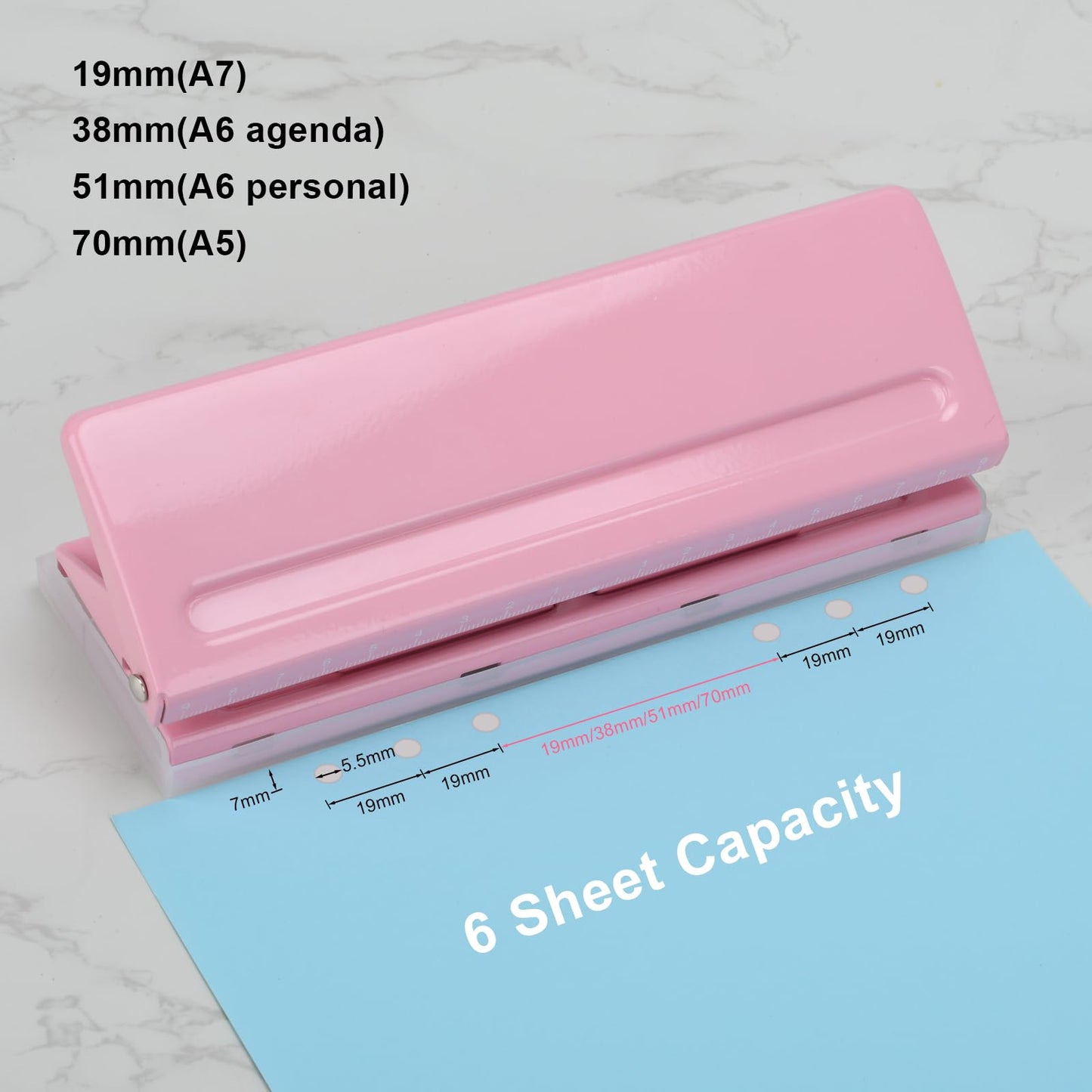 Adjustable 6-Hole Punch - Metal Hole Puncher for A4/A5/A6, Personal & Pocket Planners - 6-Ring Binder Puncher 6-Sheet Capacity, Non-Slip Base, with Ruler & Hole Guide (Pink)