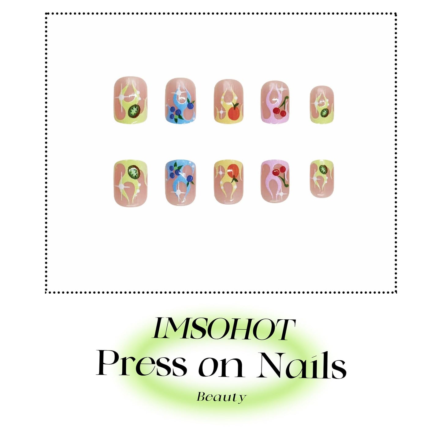 IMSOHOT Press on Nails Short Square Fake Nails Colorful French Tips False Nails with Flame & Fruit Designs Nude Glossy Full Cover Cute Summer Acrylic Squoval Stick on Nails 24Pcs