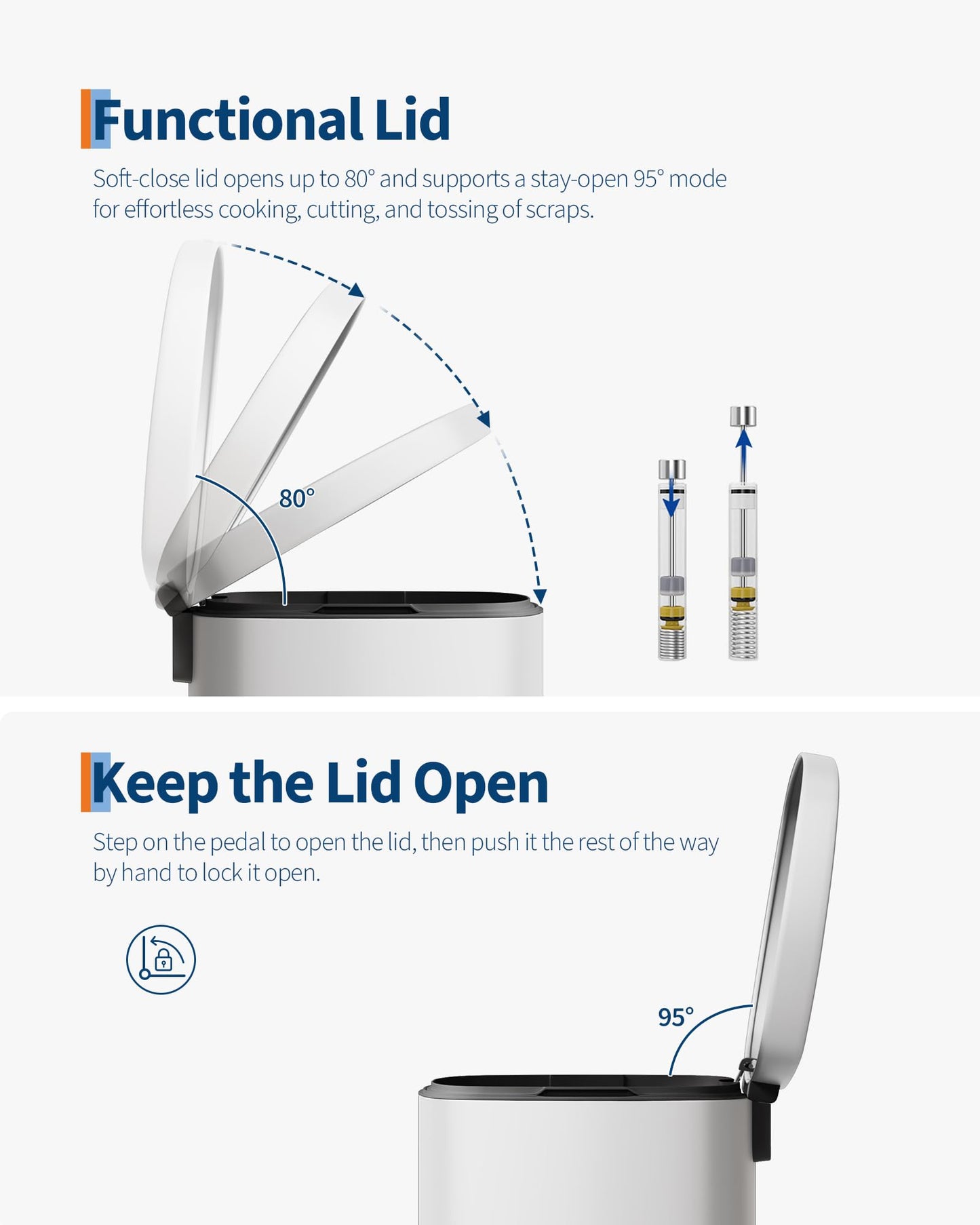 Garvee 13 gal / 50 L Metal Kitchen Trash Can with Lid, Large Rustproof Garbage Can for Kitchen, Step-on Trash Bin with Inner Bucket, Rear Handle, Soft Close Lid, White