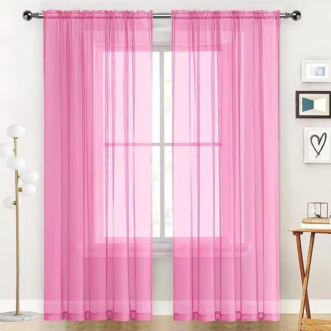 SpaceDresser Basic Rod Pocket Sheer Voile Window Curtain Panels Pink 1 Pair 2 Panels 70 Width 63 Inch Long for Kitchen Bedroom Children Living Room Yard（Pink, 70W x 63L）
