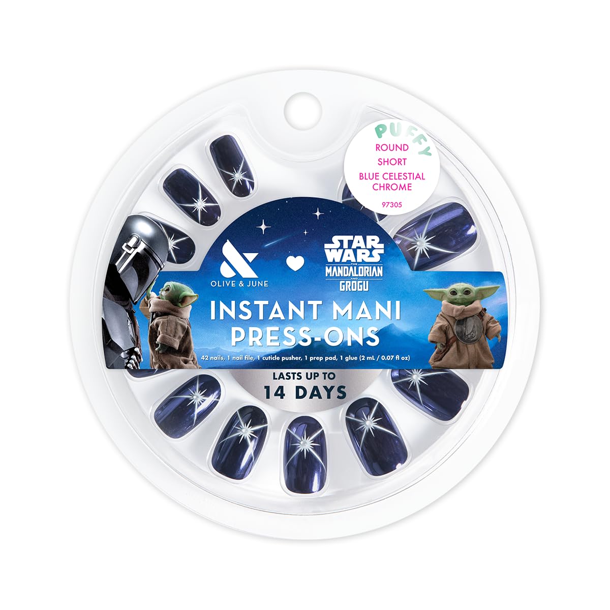 Olive & June Instant Mani Press-On Nails (Glue) | Star Wars: The Mandalorian & Grogu | 42 Fake Nails, 21 Sizes | Non-Toxic, Long-Lasting Up to 14 Days | Short, Round | Blue Celestial Chrome