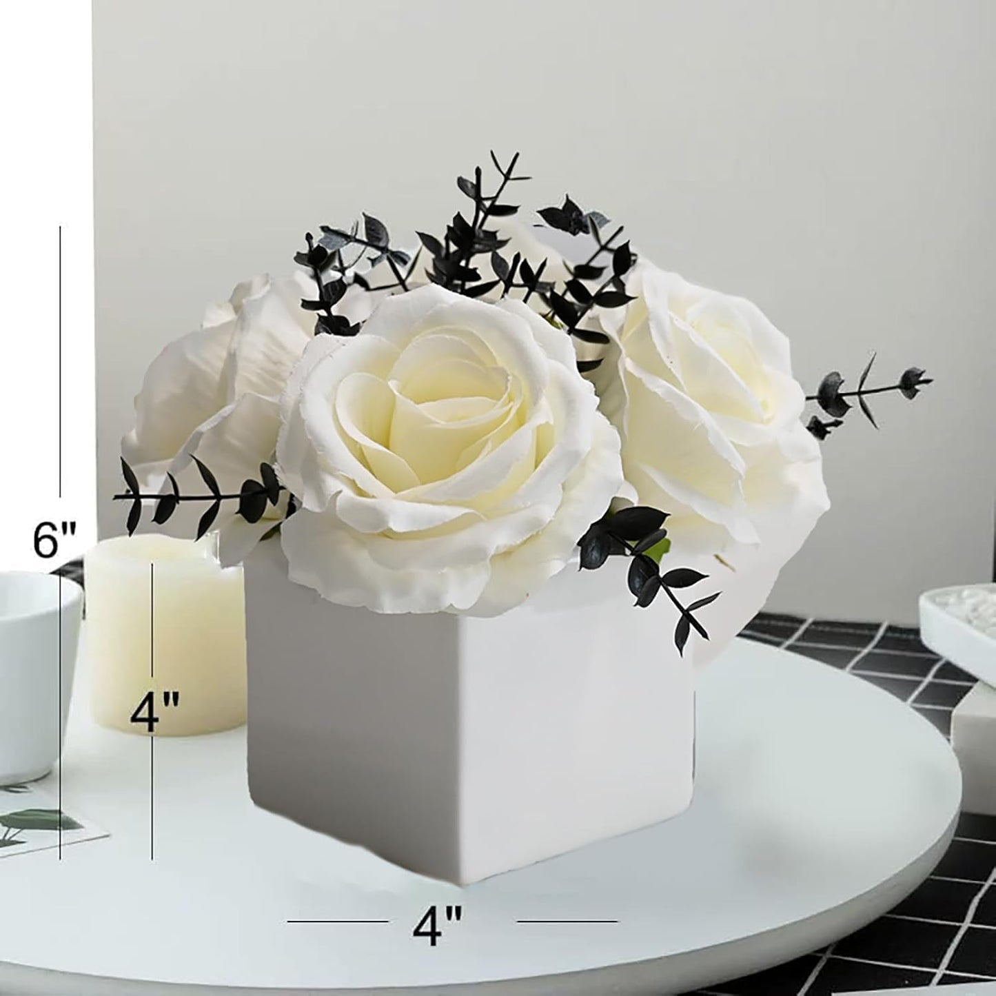NAWEIDA Artificial Flowers with Vase, White Rose Faux Floral Arrangement with Black Eucalyptus, Minimalist Small Flower Decor for Desk, Coffee Table, Modern Home Decoration