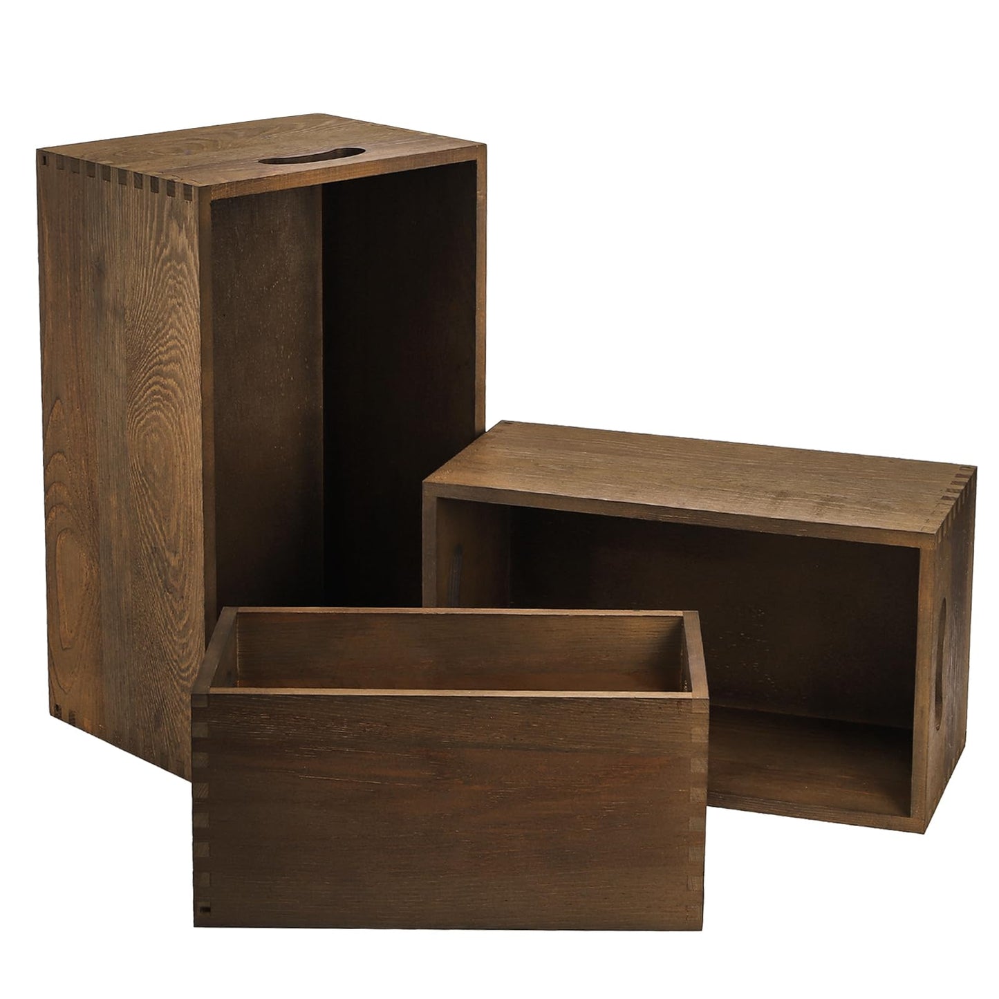 Hedume Set of 3 Nesting Wooden Crates, Wood Crate Box with Handle, Rustic Brown Decorative Wood Storage Crates Container, Stackable Cube Basket Bins Organizer for Home, Office, Closet, Shelf