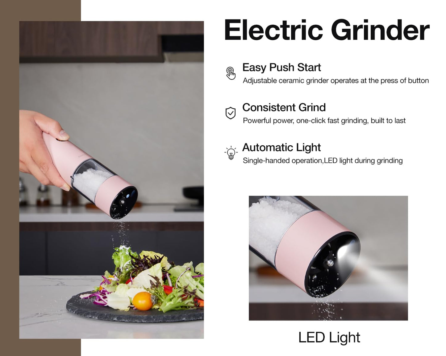 Electric Pepper Grinder and Salt Mill Set - Large Capacity USB Rechargeable Automatic Grinder with Dual LED Lights, One-Handed Operation & Slide Cover - Brushed Stainless Steel