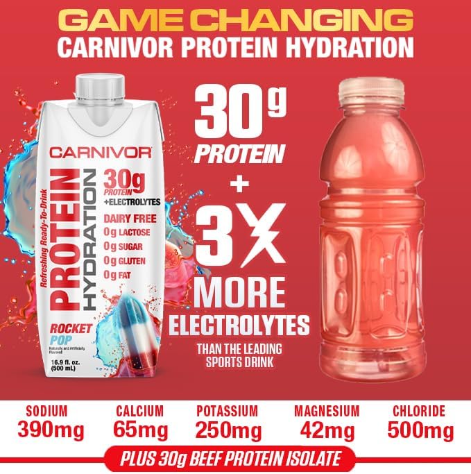 MuscleMeds Carnivor Protein Hydration RTD, Refreshing Ready to Drink, 30 g Isolate Protein, Lactose Free, Sugar Free, Electrolytes, Muscle Building, Recovery, Halal Certified, Rocket Pop, 16.9 Fl Oz