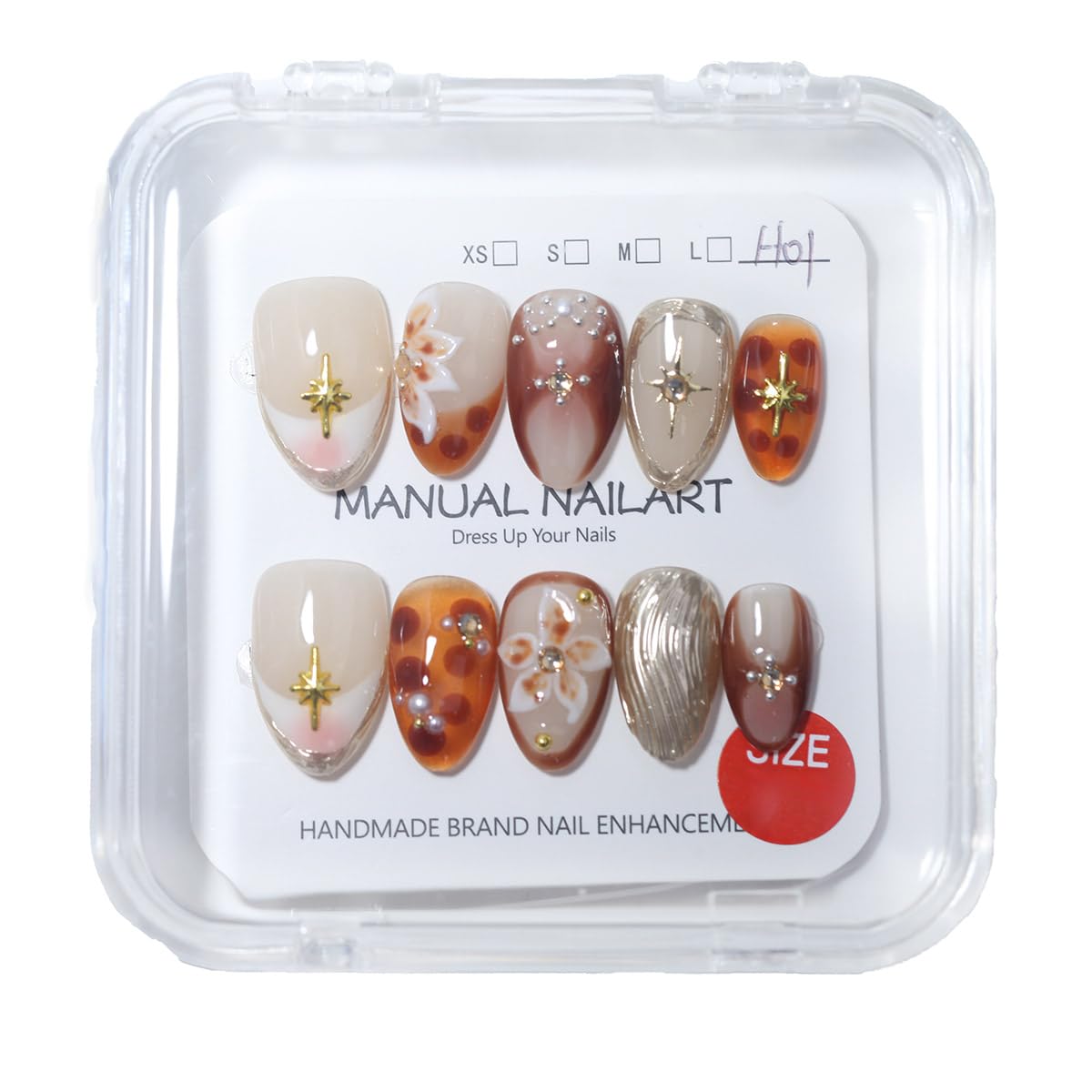 10 Pcs Short Almond Handmade Press On Nails | Amber Gradient with Gold Starburst & 3D Floral Accents | Reusable, Easy to Apply & Remove, Salon-Quality Manicure (RR15, XS)