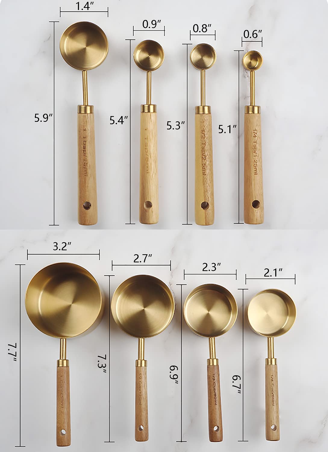 Dadamong Measuring Cups and Spoons Set of 8, Stainless Steel Gold Measuring Cups Kit with Wooden Handle, Kitchen Cooking Baking Spoons Tool Set for Solid and Liquid Iingredients