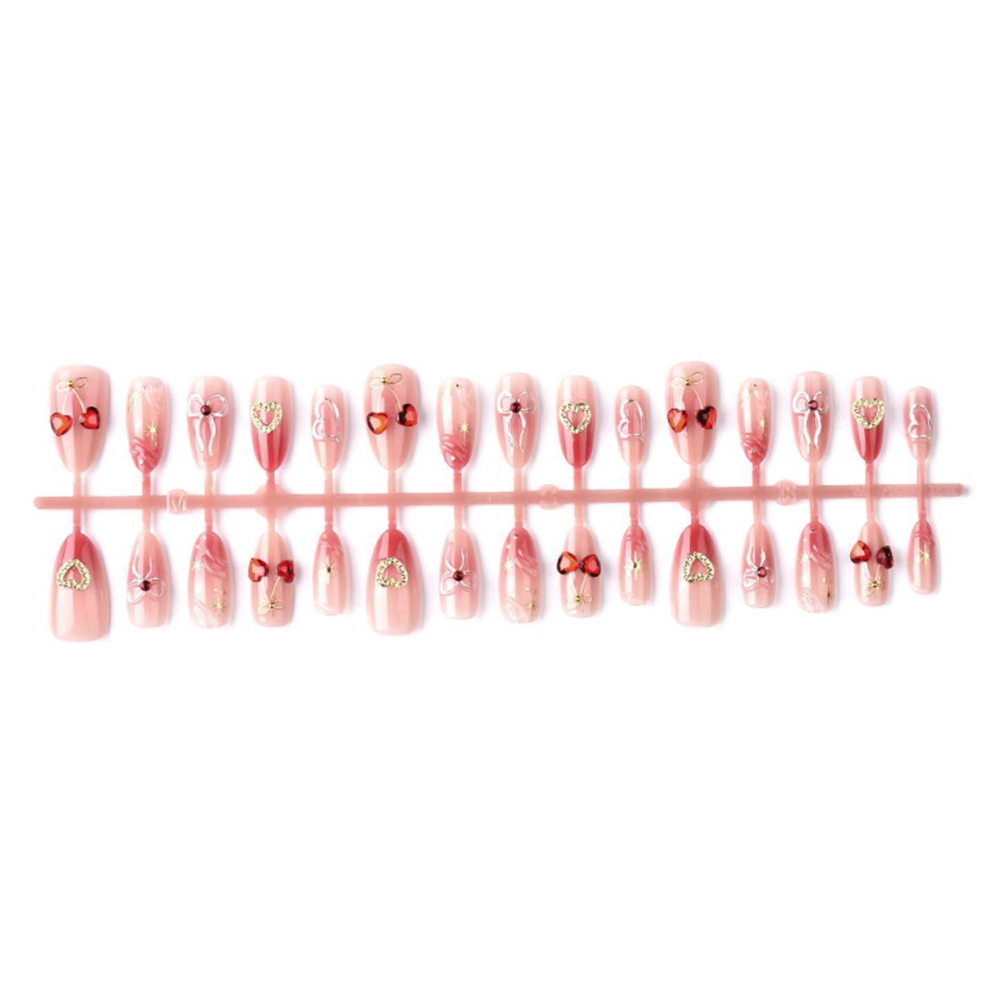 30Pcs Valentine Press on Nails Medium Almond Fake Nails Press on 3D Rhinestone Star Design Red Cherry False Nails Bow Heart Full Cover Red Smudge Acrylic Glue on Nails for Women Festive Nail Art Decor