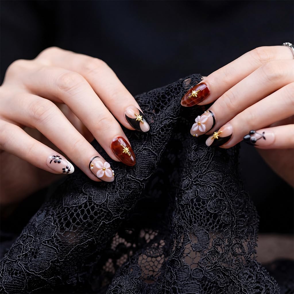IntoVibes 10 Pieces Handmade Short Almond Press On Nails, Black Thickened False Nails, 3D Cherries And Flowers, Reusable Fake Nails Almond, Reusable Acrylic Nails (M)