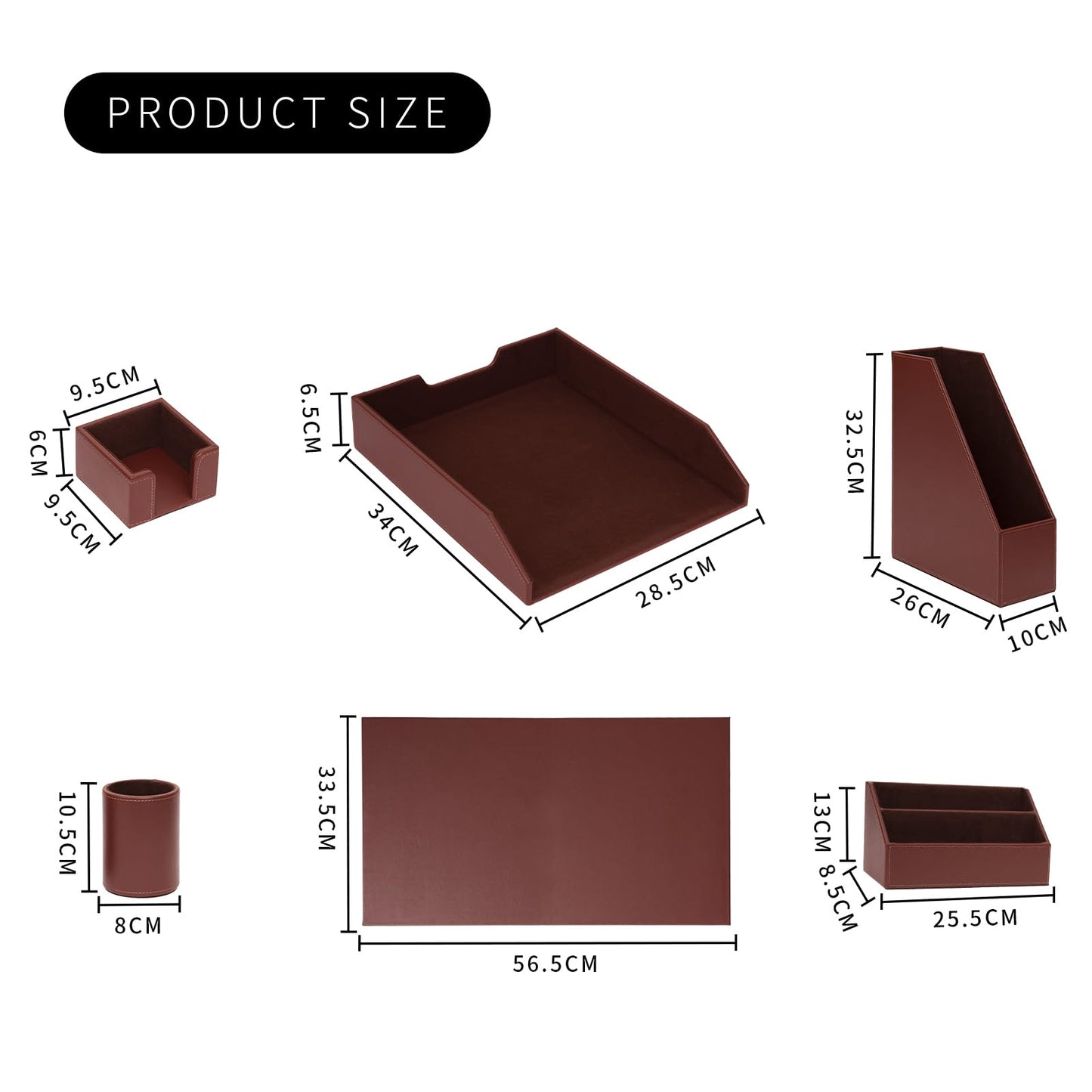 XNONE Office Supplies PU Leather 6-Piece Desk Organizer with Writing Pad, Letter Tray, File Folder Sorter, Pen Cup, Note Holder, Business Card Holder - Brown