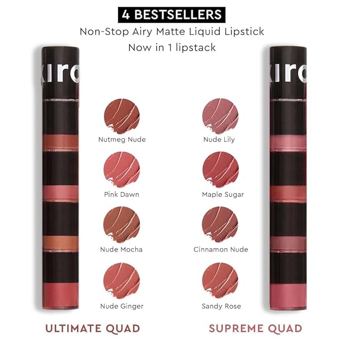 KIRO Four Play Non-Stop Airy Matte Liquid Lip Stack – Ultimate Quad | 4 Nude Lipstick Shades | Long-Lasting, Transfer-Proof, Hydrating, Lightweight | Infused with Avocado & Apricot Oils | 6ml