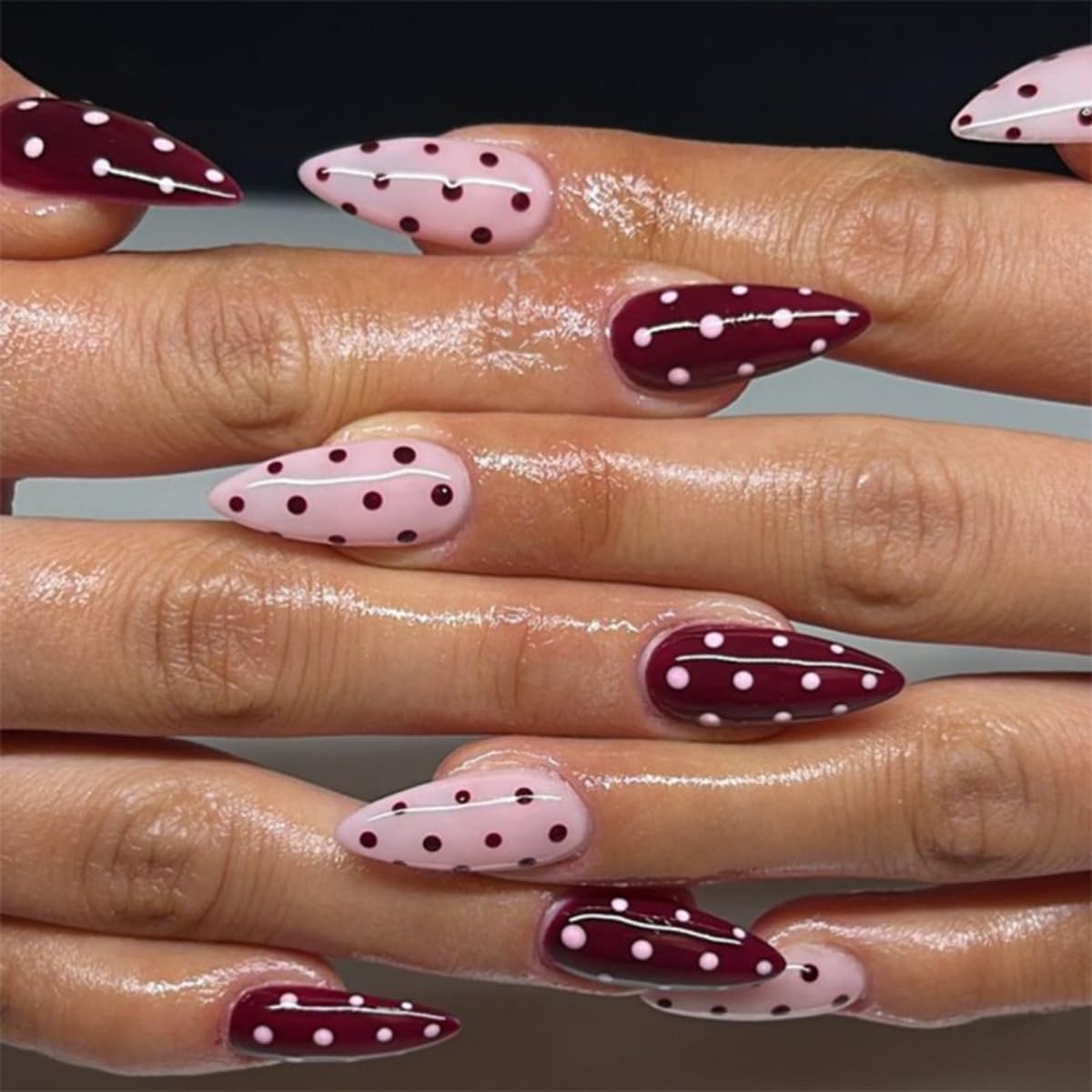 Medium Almond Press on Nails - Light Pink & Red Color Block with Polka Dot, Full Cover Glossy Fake Nails 24PCS for Women