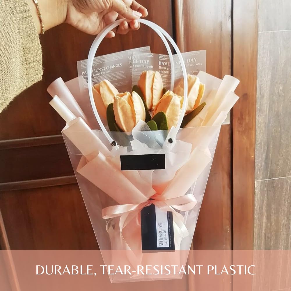 BBJ WRAPS Clear Flower Bouquet Bags with Handle Florist Shop Packaging Supplies, 5 Pcs (4 * 7 * 7.9 inch)