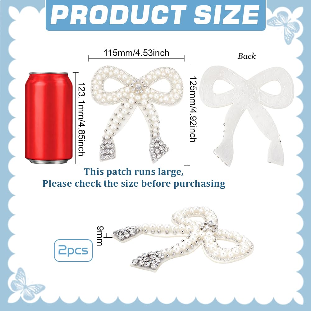 FINGERINSPIRE 2 Pcs Bowknot Rhinestone Patch 4.9x4.5inch Bow Tie Beading Appliques White Imitation Pearl Decorative Patch Repair Felt Sew on Applique for Clothing Repair