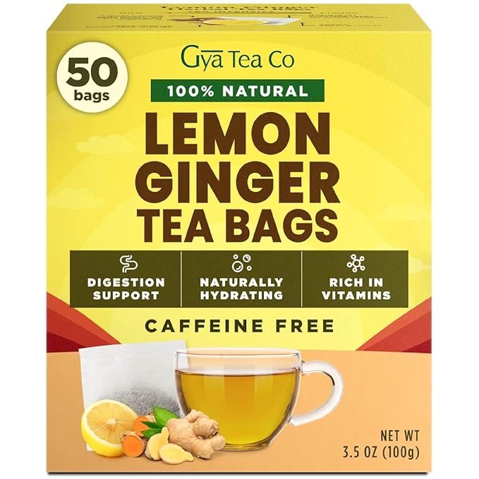 Gya Tea Co Lemon Ginger Herbal Tea Bags (50 Bags) - Caffeine Free with a Tangy Flavor for All Day Comfort, Calming, Relaxing & Nourishing - Fruit & Herbal Blends