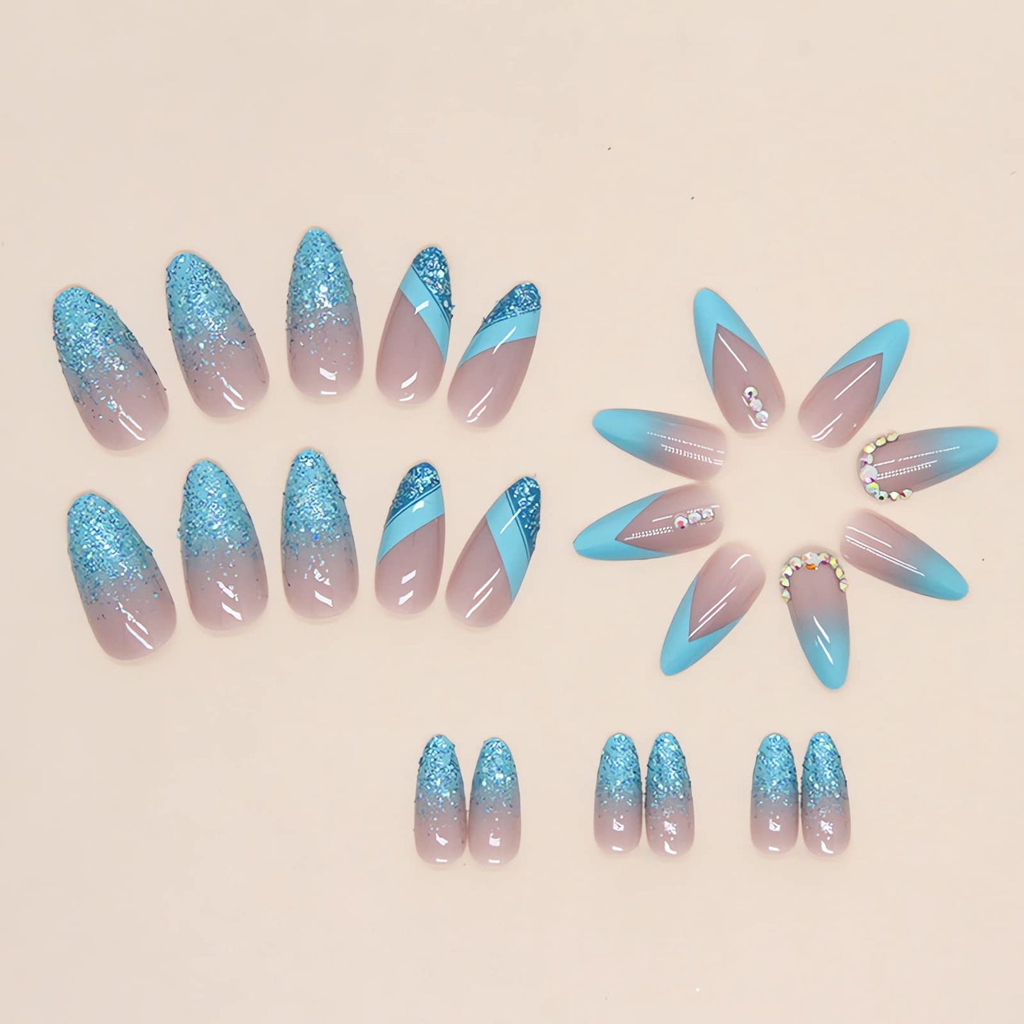 IMSOHOT Almond Press on Nails French Medium Blue Fake Nails Glitter Gradient False Nails with Designs Rhinestone Full Cover Acrylic Glossy Glue on Nails for Women