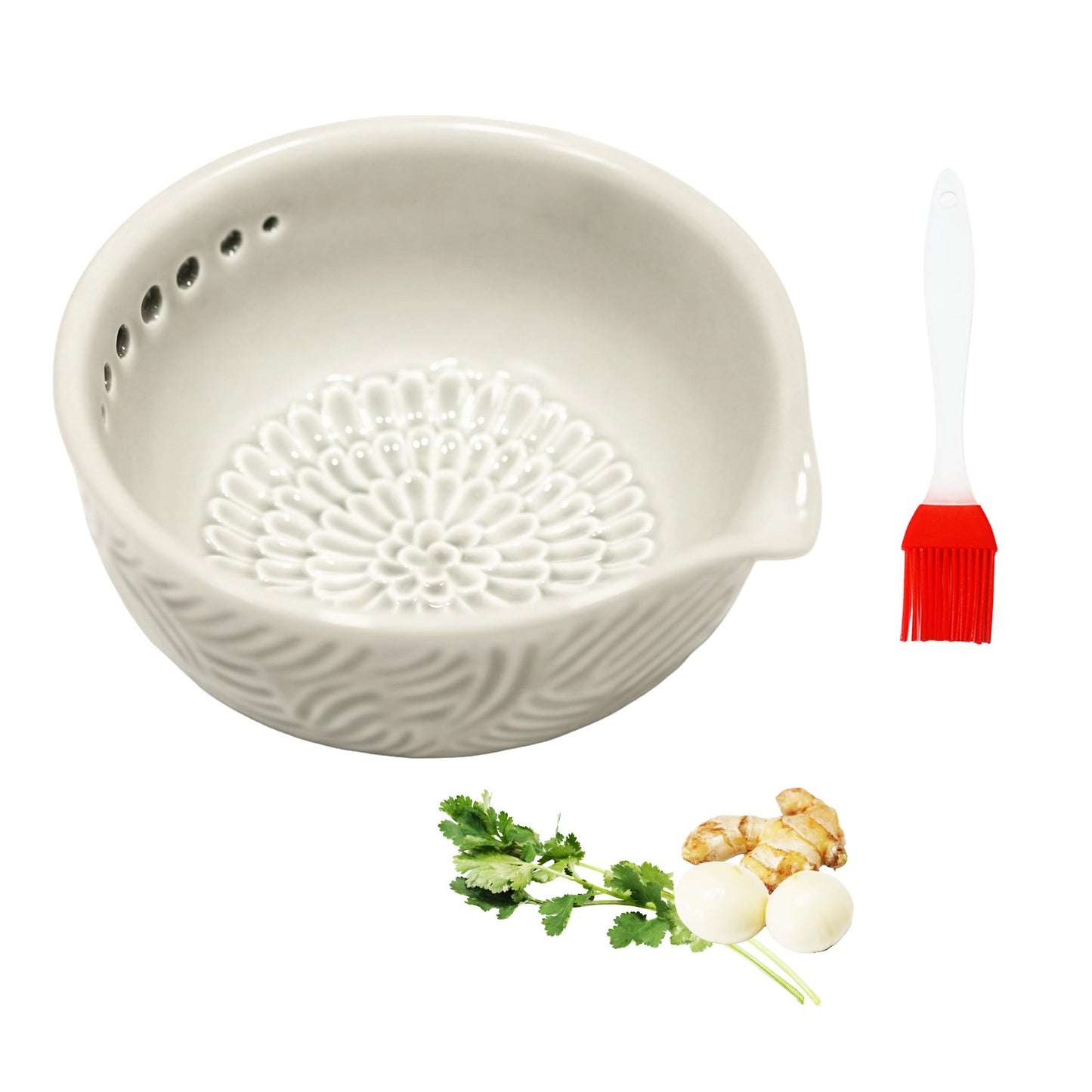 RIJATRAGAR Handmade Ceramic Garlic Grater Plate, 2-In-1 Herb Stripper Bowl With 7 Hole Sizes