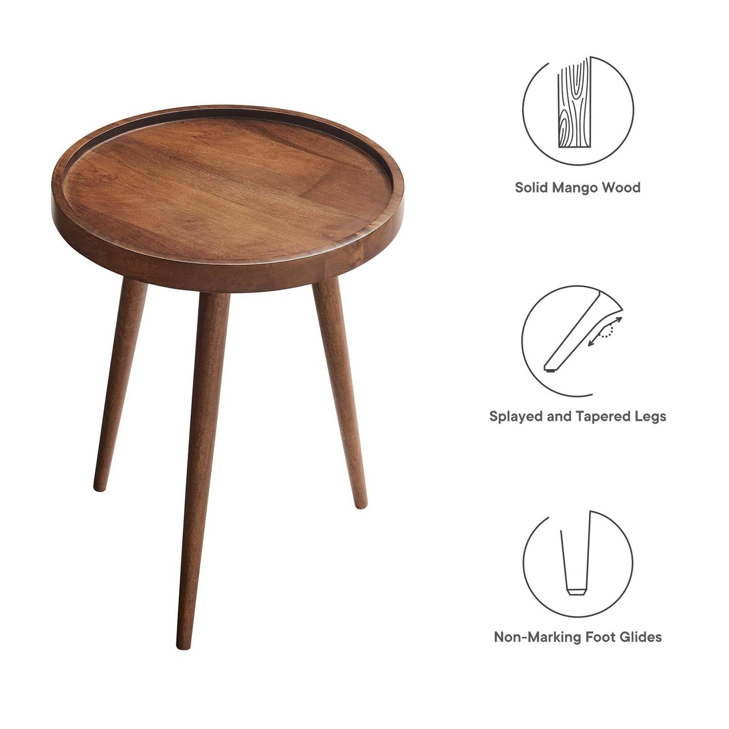 Modway Chiro Solid Wood Side Table in Walnut with Tray Top - Mid-Century Modern Round Accent Table - Small Bedside Table with Tapered Legs - Living Room End Table