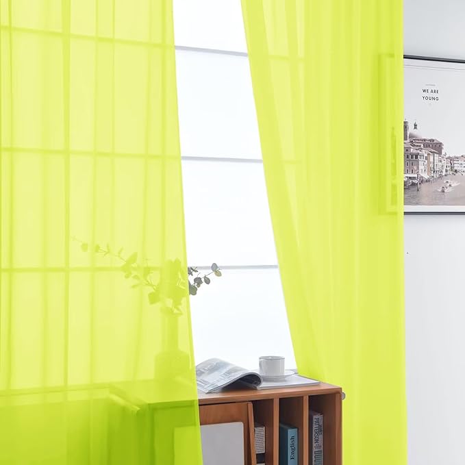 SpaceDresser Basic Rod Pocket Sheer Voile Window Curtain Panels Chartreuse 1 Pair 2 Panels 52 Width 45 Inch Long for Kitchen Bedroom Children Living Room Yard（Chartreuse, 52W x 45L）
