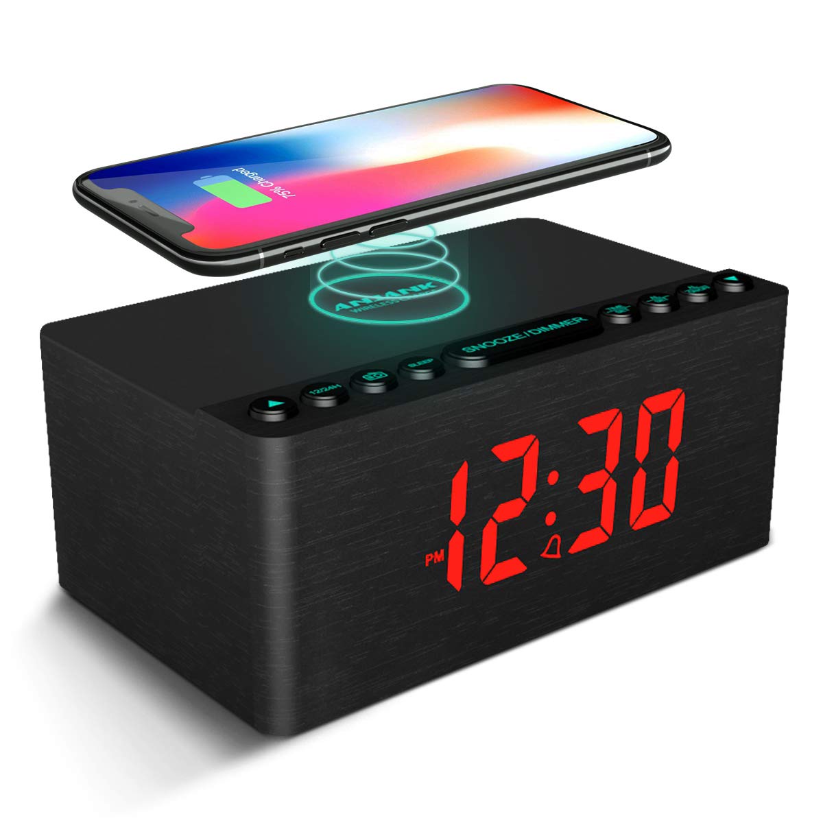 ANJANK Wooden Digital Alarm Clock FM Radio,Qi Certified Fast Wireless Charger Station for iPhone/Samsung,Dimmable LED Display,USB Charging Port,Sleep Timer,Wood Modern Clock for Bedroom Bedside(Black)