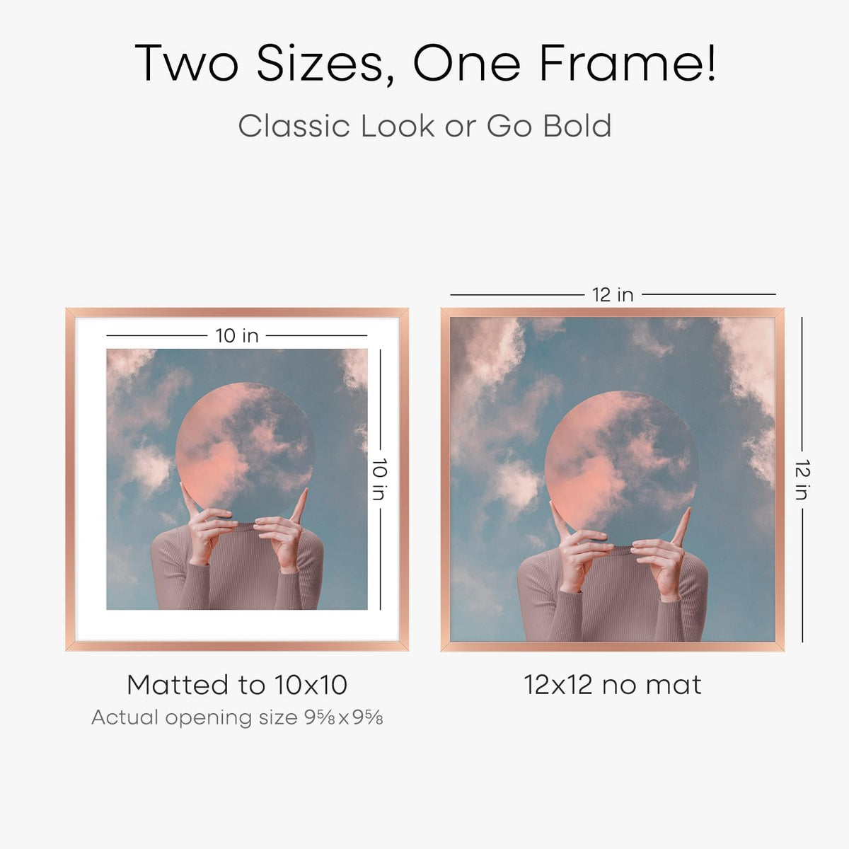 Homeforia 12x12 Picture Frame Rose Gold, High End Metal 12 x 12 Square Poster Frame with Mat 10 x 10 Photo, 12x12 Frame Matted to 10x10 Print, 12by12 Hanging Frames, Tempered Glass, Wall Kit, Set of 1